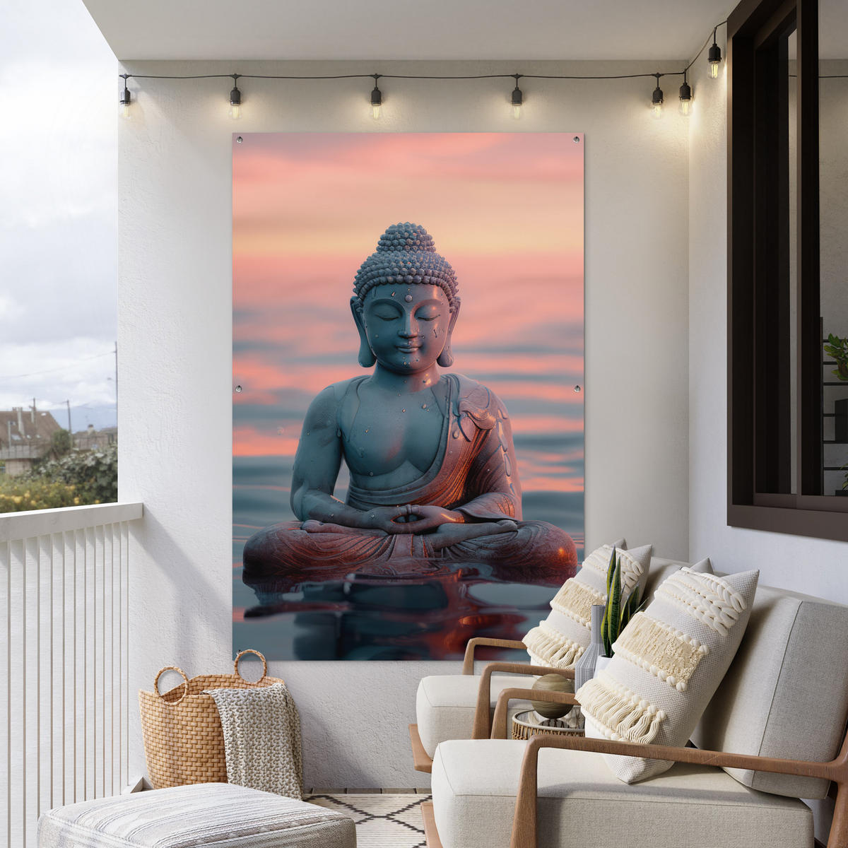 ZAHRADNÍ PLAKÁT Buddha - Socha - Buddha - Voda - Umění - Buddha 120x180 cm - šedohnědá, plast (120/180/0.2cm) - OnlyWow