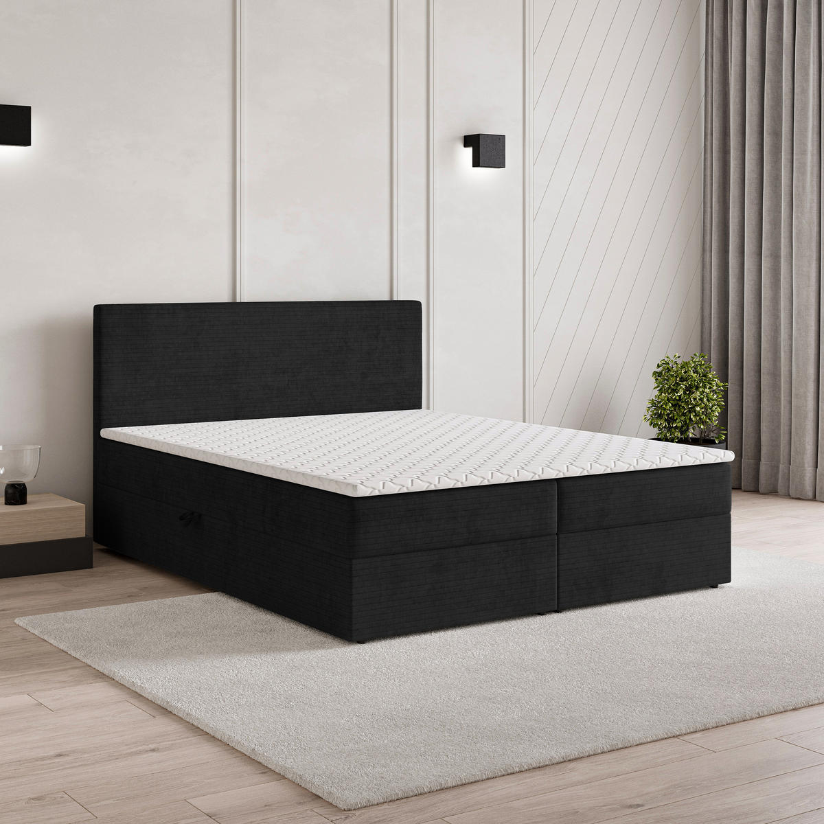 BOXBETT NIRA 160x200 cm mit Matratze und Topper - Schwarz - Schwarz, Holz (160/200cm) - MASSENO
