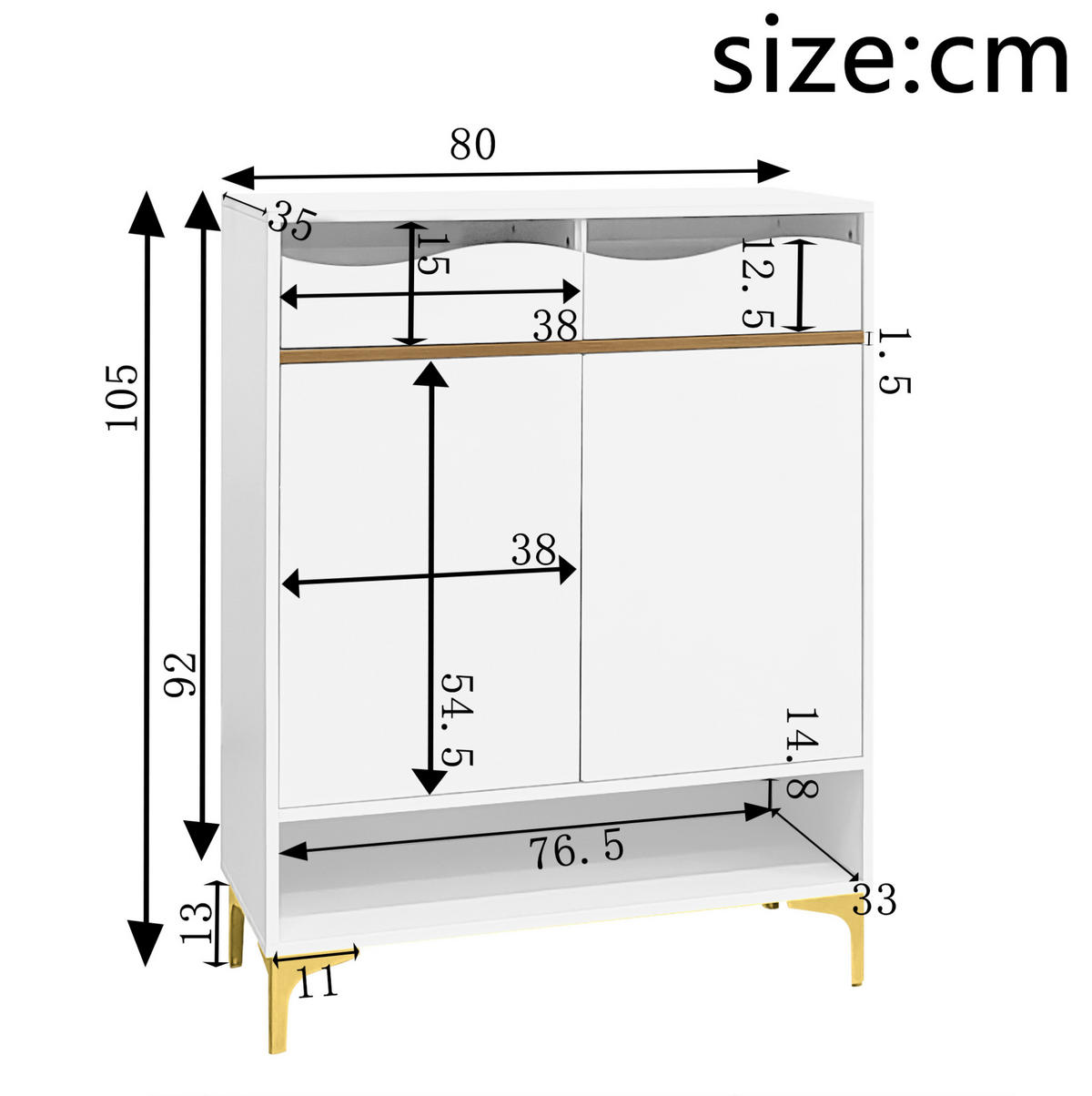 SCHUHSCHRANK 80/35/105 cm in Weiß mit 2 Schubladen, LED-Licht und goldfarbenen Füßen - Weiß, Holzwerkstoff (80/105/35cm) - BEAOK