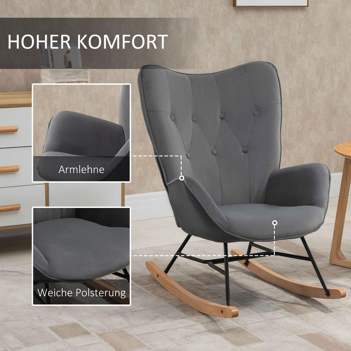 SCHAUKELSTUHL Schaukelsessel mit Stahlrahmen gepolstert Dunkelgrau+Natur - Grau, Kunststoff (70/96/65cm) - HOMCOM