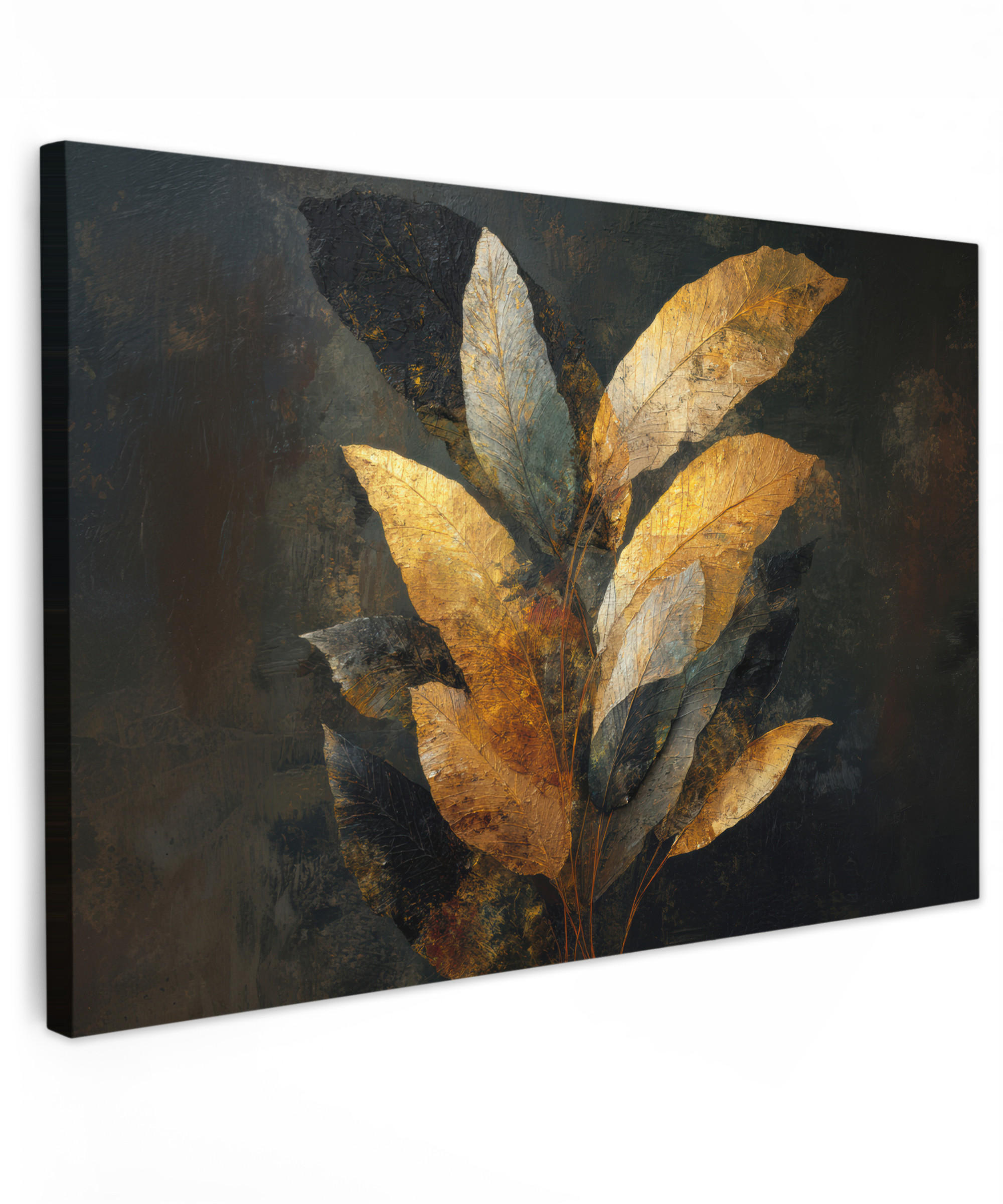 LEINWANDBILD Golden Leaf Komposition - Botanical Luxury Groß 140x90 cm - Goldfarben/Schwarz, Textil (140/90cm) - MuchoWow