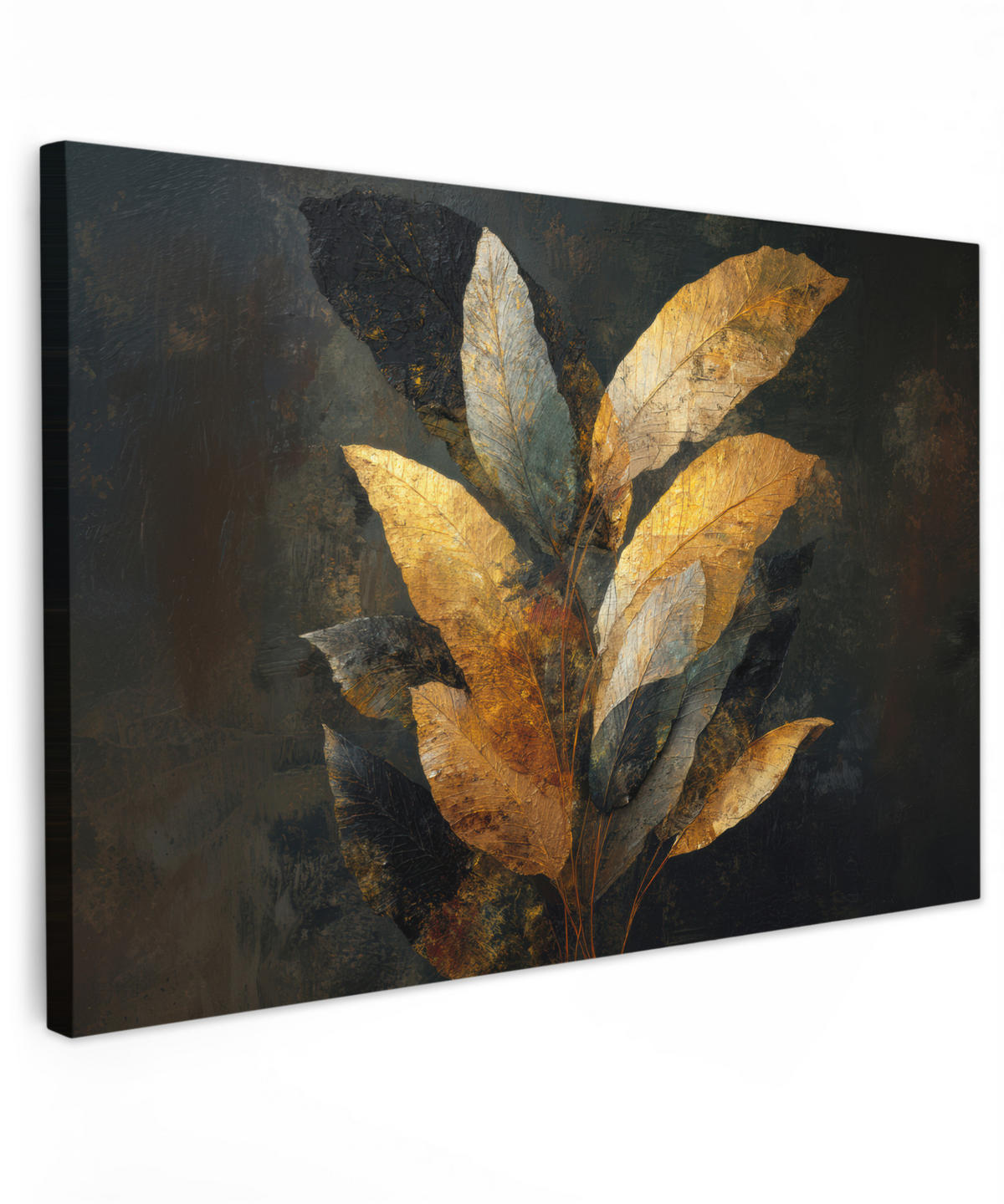 LEINWANDBILD Golden Leaf Komposition - Botanical Luxury Groß 140x90 cm - Goldfarben/Schwarz, Textil (140/90cm) - MuchoWow