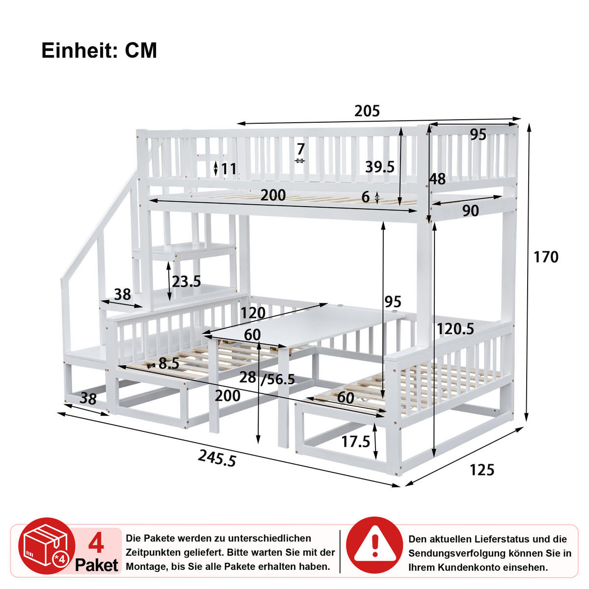 ETAGENBETT 90/200 cm & 120/200 cm in Weiß mit Stauraumtreppe, Tisch und Sicherheitsgeländer - Weiß, Holz/Holzwerkstoff (90/200cm) - CHICFURN