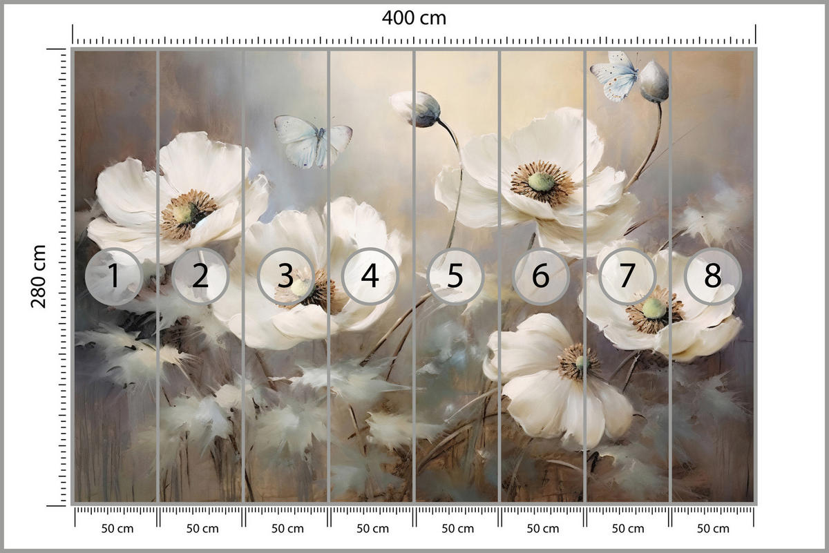 FOTOTAPETE für Schlafzimmer Abstrakte Weiße Mohnblumen Schmetterlinge Aquarell 400x280 - Beige/Braun, Papier (400/280cm) - Muralo