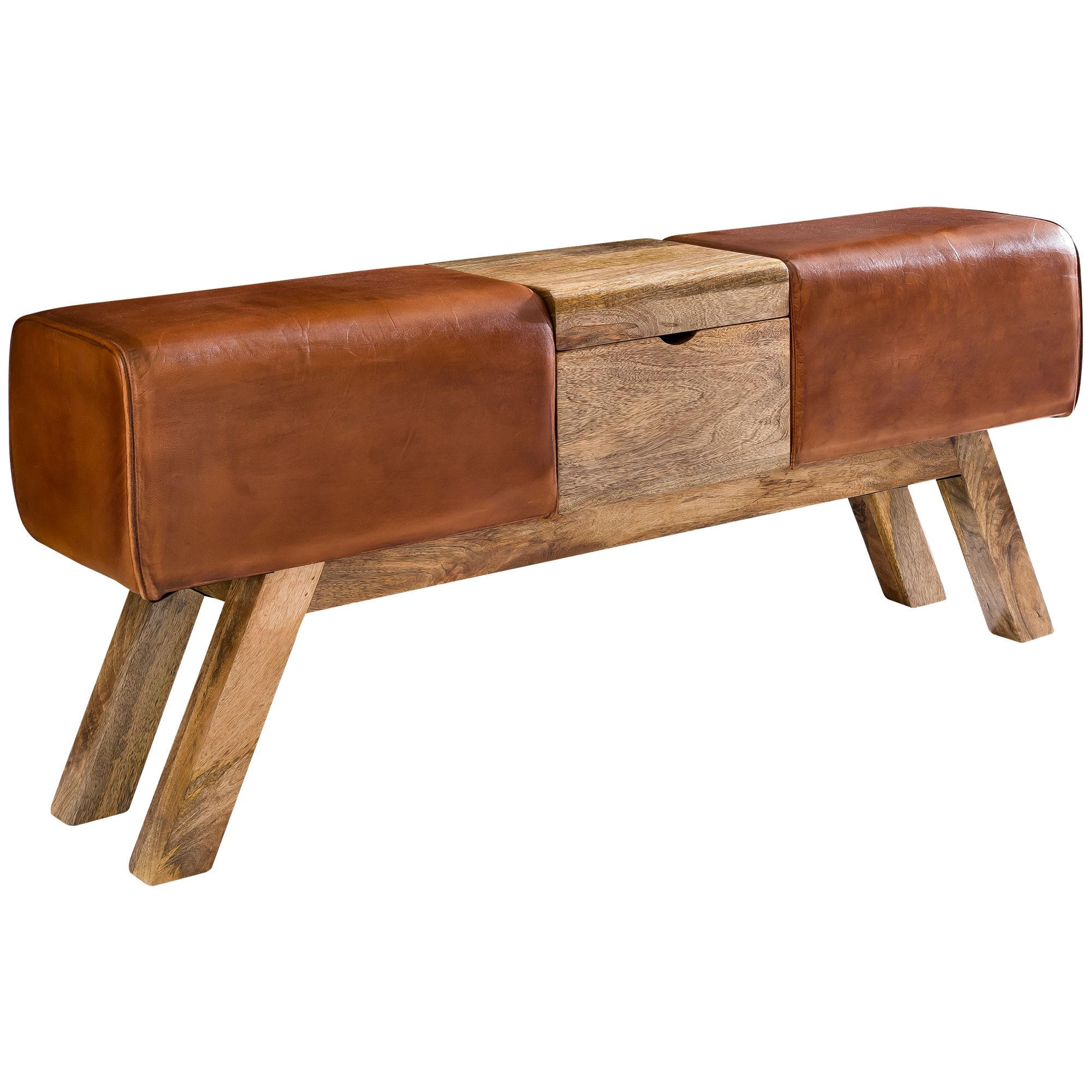 SITZBANK – Leder, 120x29x53 cm, mit Klappfach, Turnbock-Design - Braun, Leder/Holz (120/53/29cm) - KADIMA DESIGN