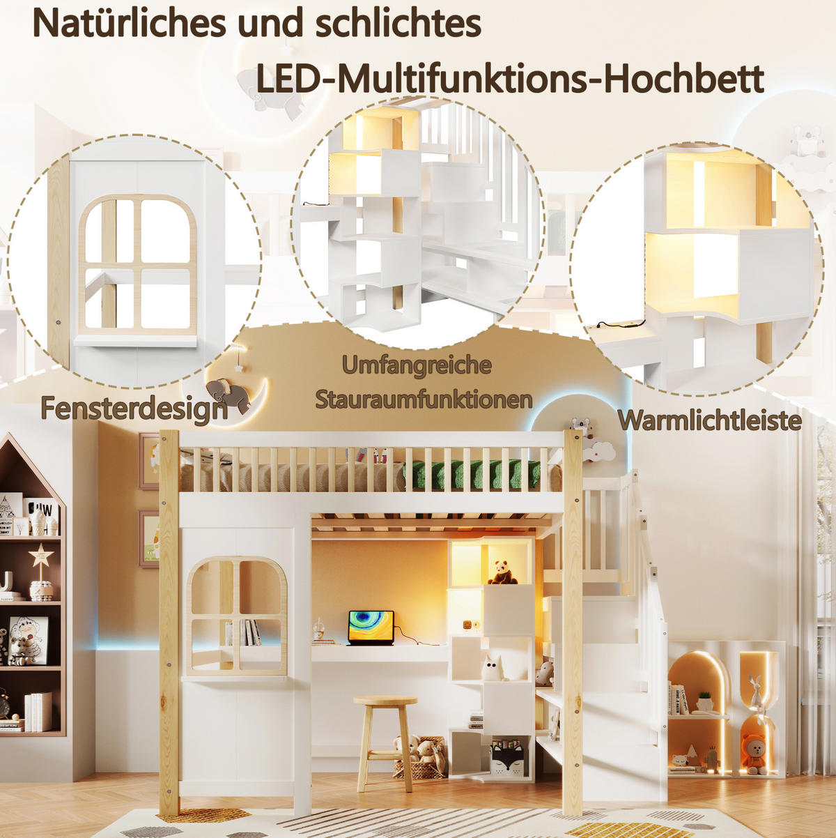 HOCHBETT 140/200 cm in Weiß/Natur mit LED-Beleuchtung und Schreibtisch - Weiß, Holz (140/200cm) - Flora Grace