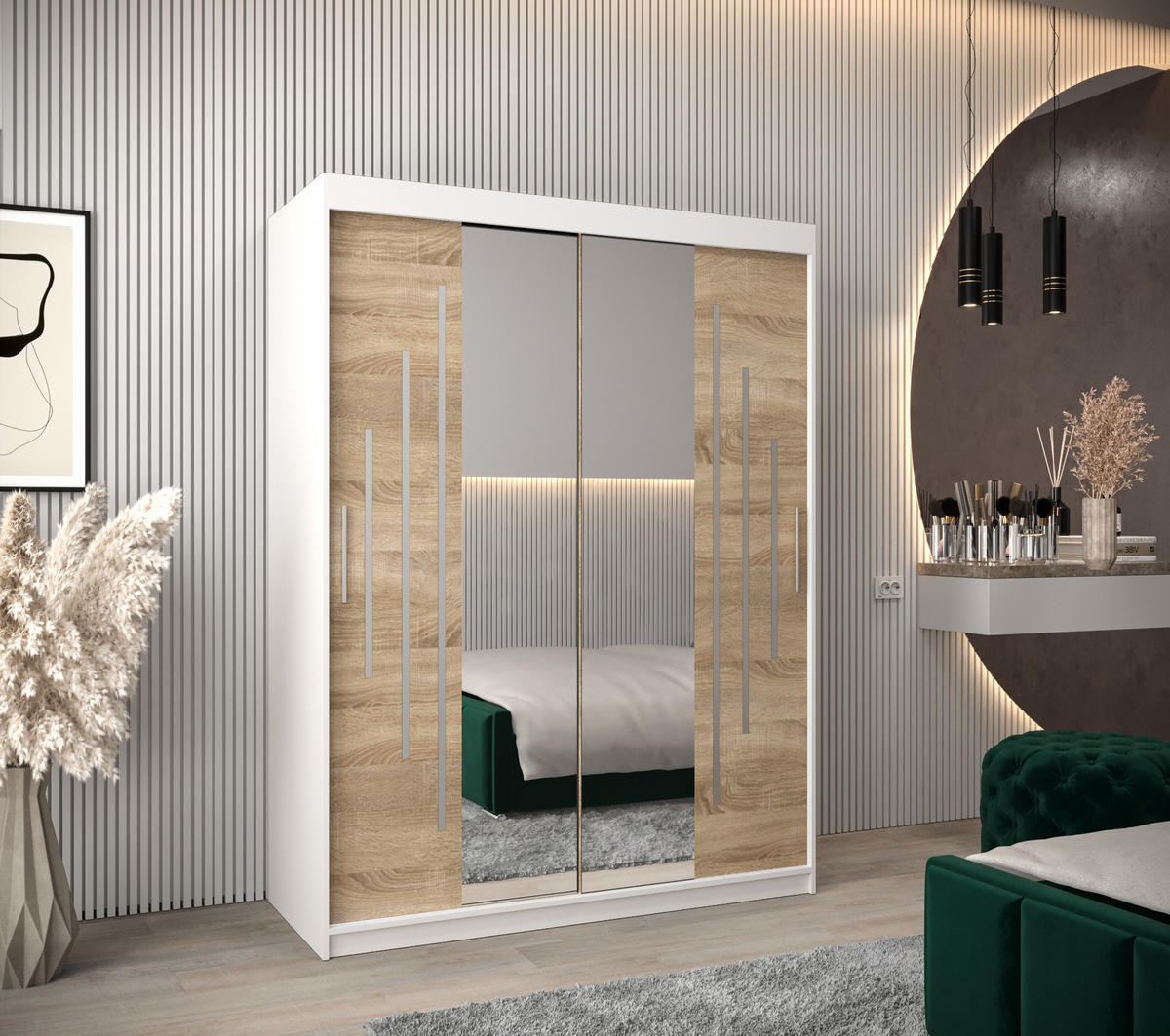 SCHWEBETÜRENSCHRANK 200/150/62 2-türig - Silberfarben/Weiß, Holz/Kunststoff (150/200/62cm) - Abiks Möbel