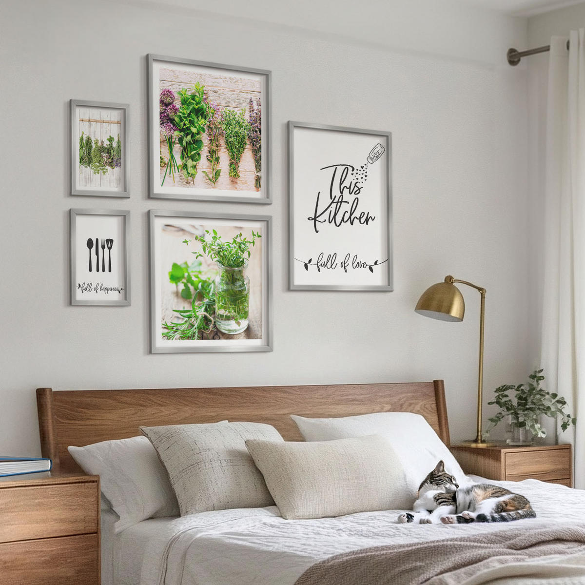 BILDER SET 5er Set - 50x50 cm & 20x30 cm & 40x60 cm Silberner Rahmen - Kräuterpflanzen zum Trocknen in der Küche - Silberfarben, Kunststoff (40/60cm) - TULUP