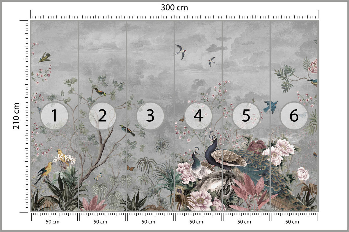 FOTOTAPETE für Büro Pfauen Vögel Pflanzen Bäume Tropische Blumen 300x210 - Multicolor, Papier (300/210cm) - Muralo