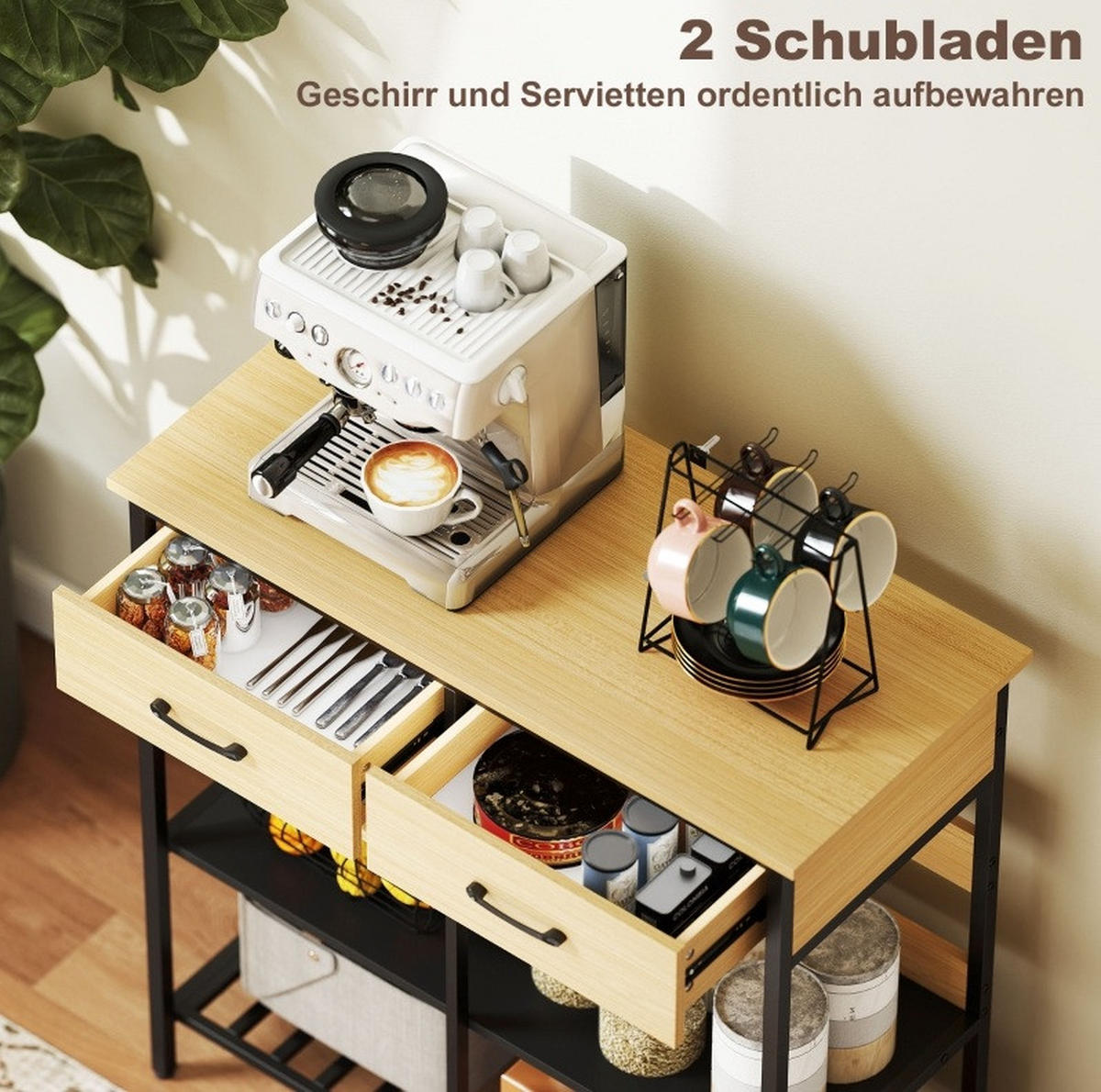 SIDEBOARD 90/40/91 cm in Naturfarben mit 2 Schubladen und 3 offenen Fächern - Naturfarben, Holz (90/91/40cm) - Flora Grace