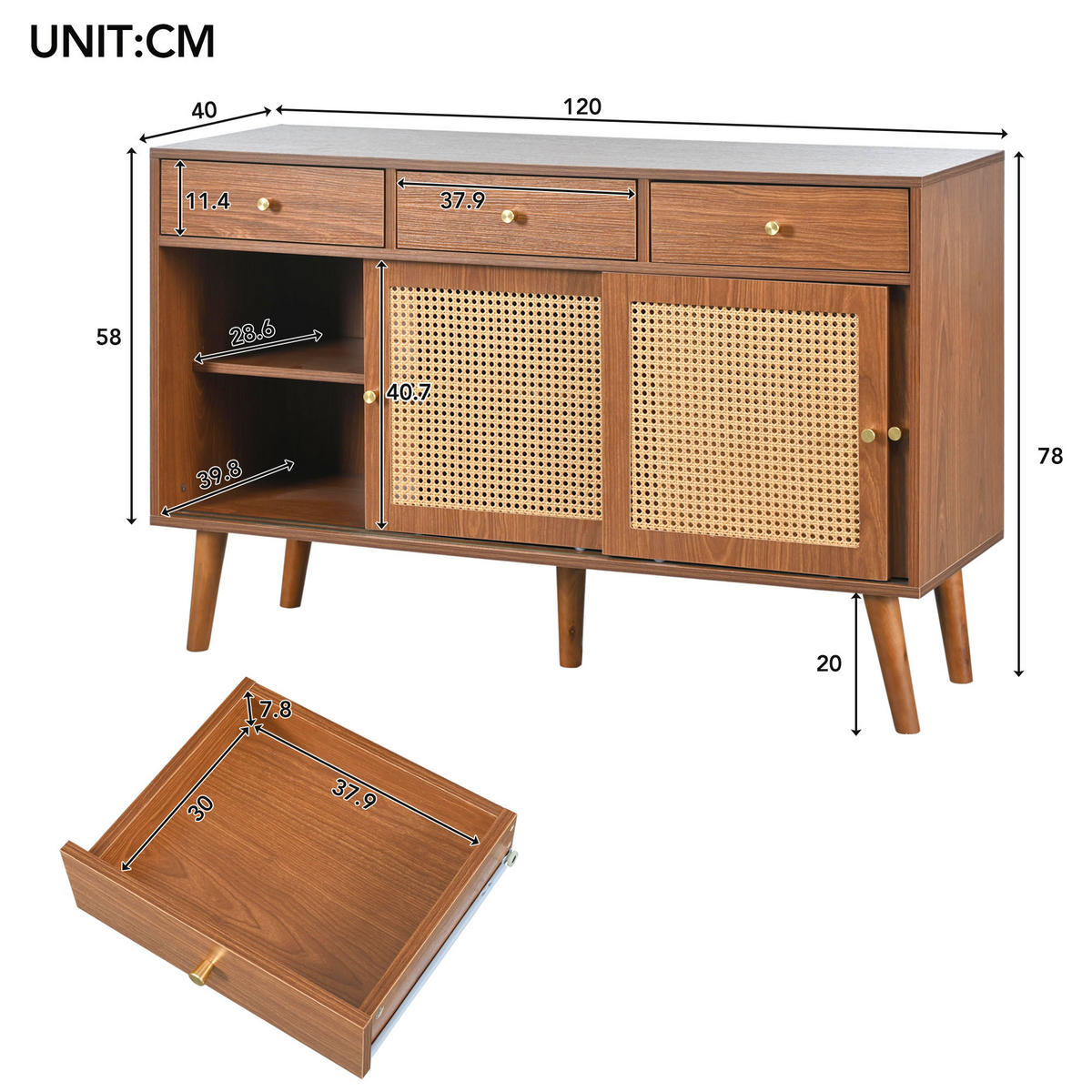 SIDEBOARD 120/40/78 cm walnussfarben aus MDF mit 3 Schubladen - Eichefarben, Holzwerkstoff (120/78/40cm) - OKWISH