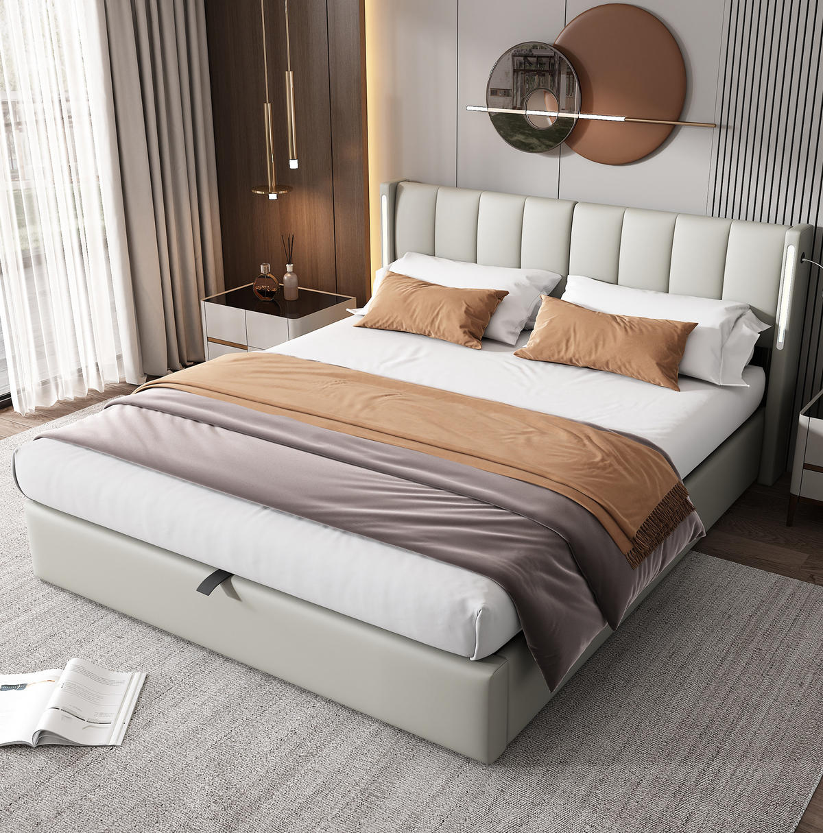 POLSTERBETT 140/190 cm mit LED-Beleuchtung, USB-/Type-C-Anschluss, verstellbarem Kopfteil und Bettkasten, PU, Grau - Grau, Kunststoff (140/190cm) - Redom