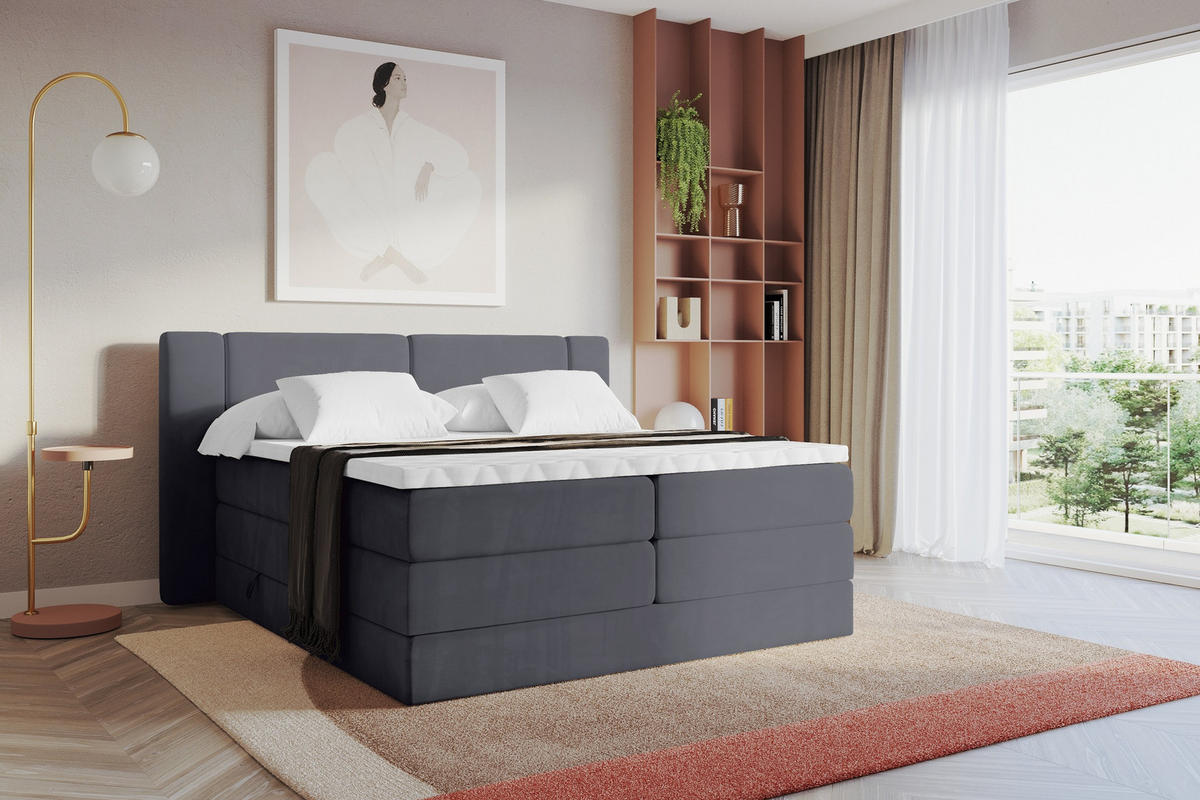 BOXSPRINGBETT mit Matratze H3/H4 - EVON KING - 140x200 cm Dunkelgrau - Dunkelgrau, Holzwerkstoff (140/200cm) - ALTDECOR