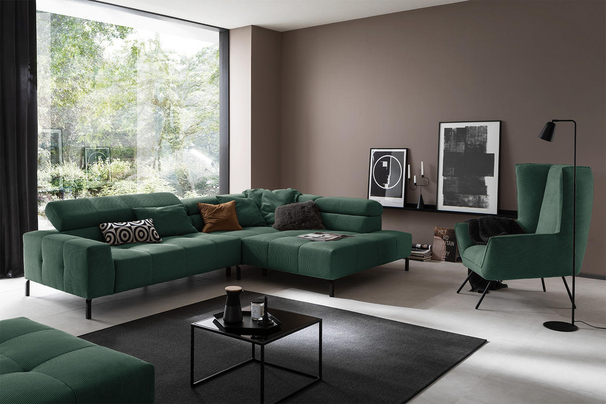 ECKSOFA MIT MOTORISCHEM SITZVORZUG OHIO Smaragdgrün Cord - Smaragdgrün/Schwarz, Textil/Metall (311/219cm) - KAWOLA