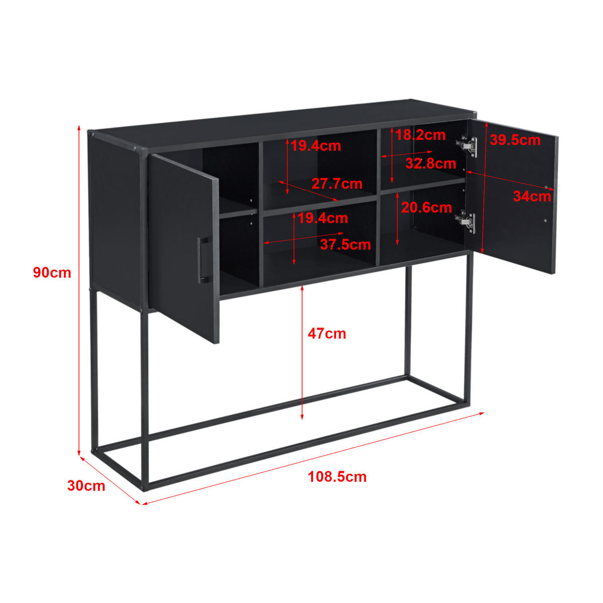 SIDEBOARD Motala - Schwarz, Holzwerkstoff/Metall (108.5/90/30cm) - [en.casa]