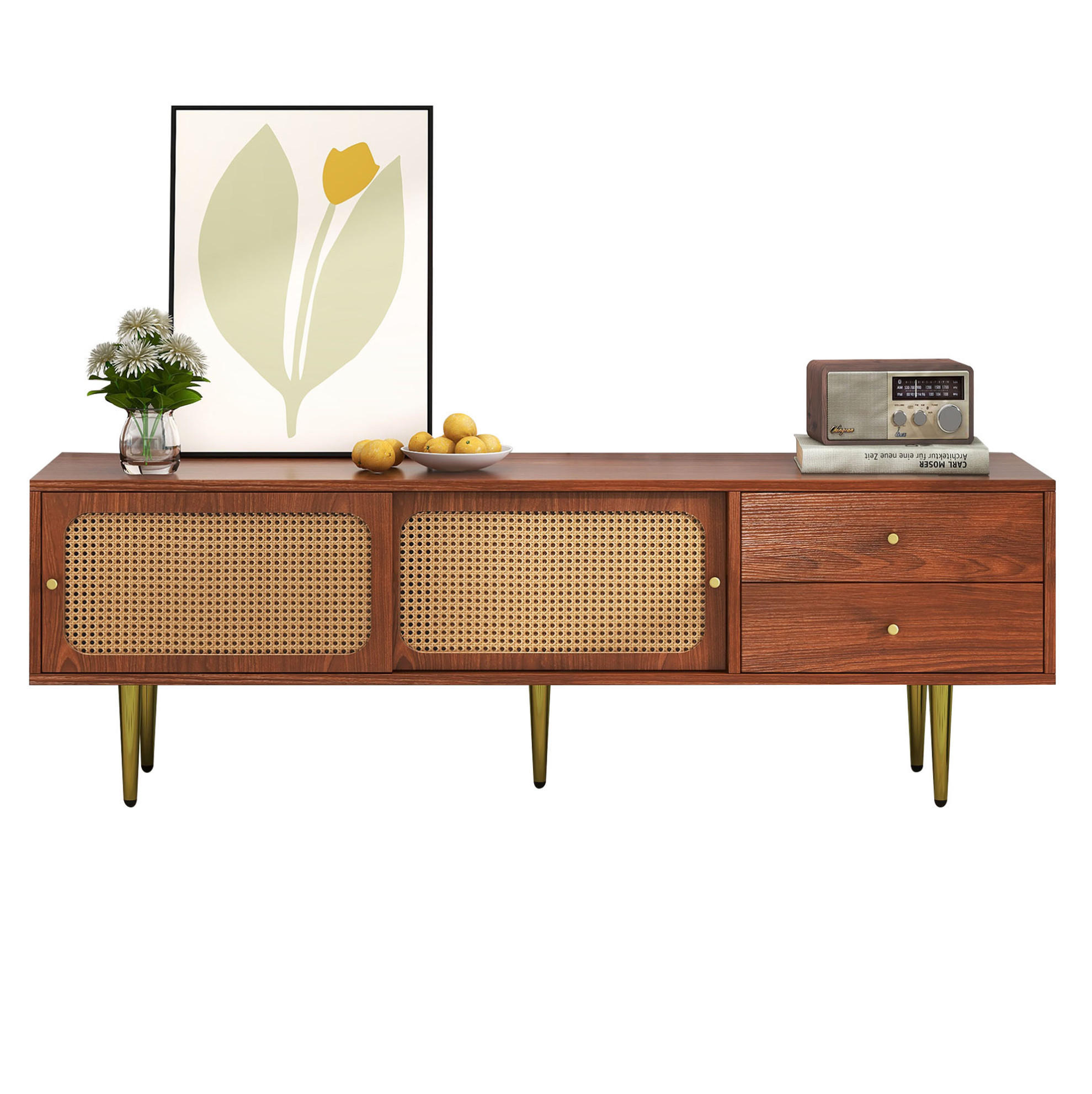 OKWISH TV stolek 160/40/60 cm ořechový z MDF s posuvnými dvířky z ratanového plastu a zásuvkami
