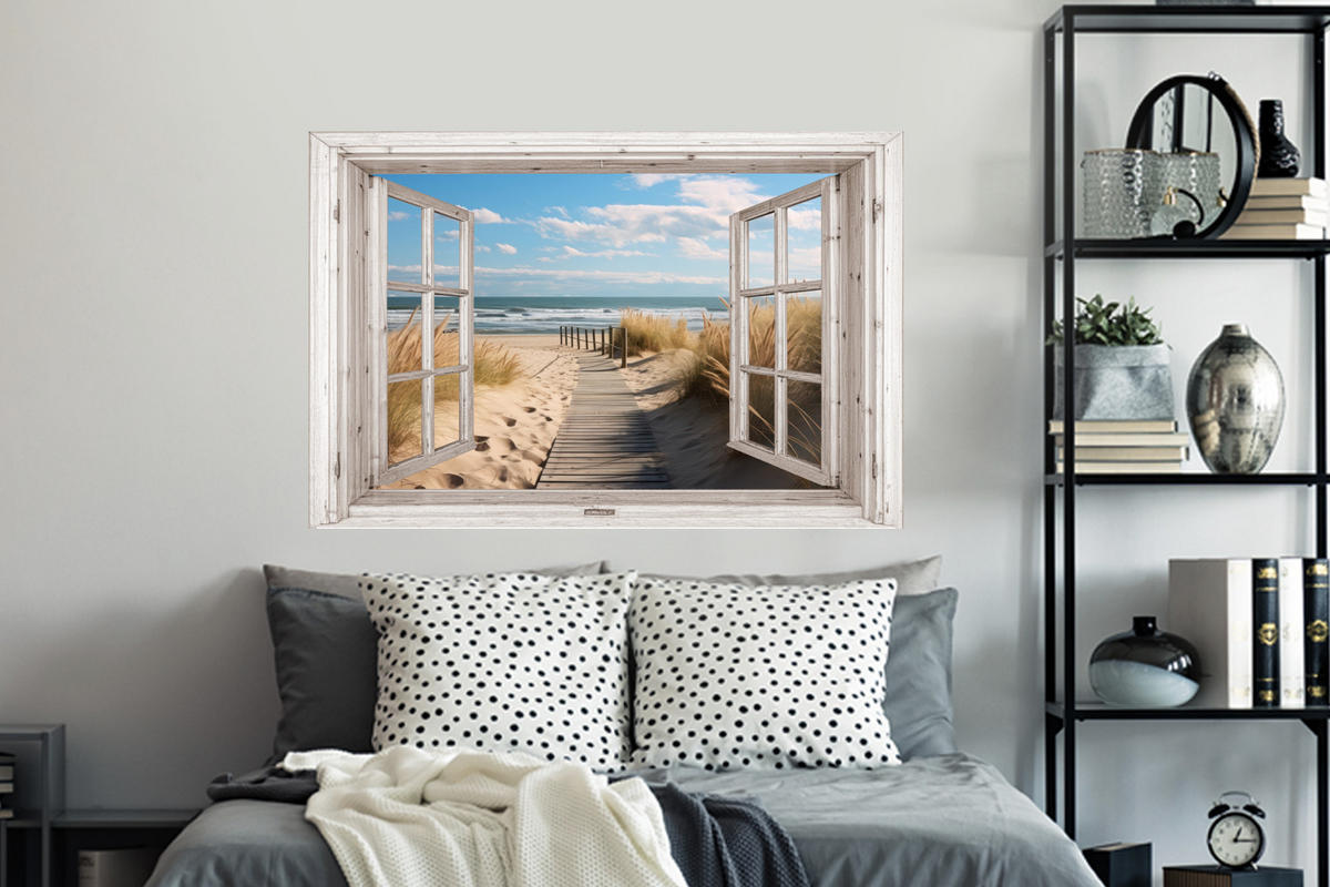WANDTATTOO Fenster - Meer - Küste - Natur - Ausblick - Strand - Wattenmeer 120x80 cm - Beige, Kunststoff (120/80/0.1cm) - MuchoWow