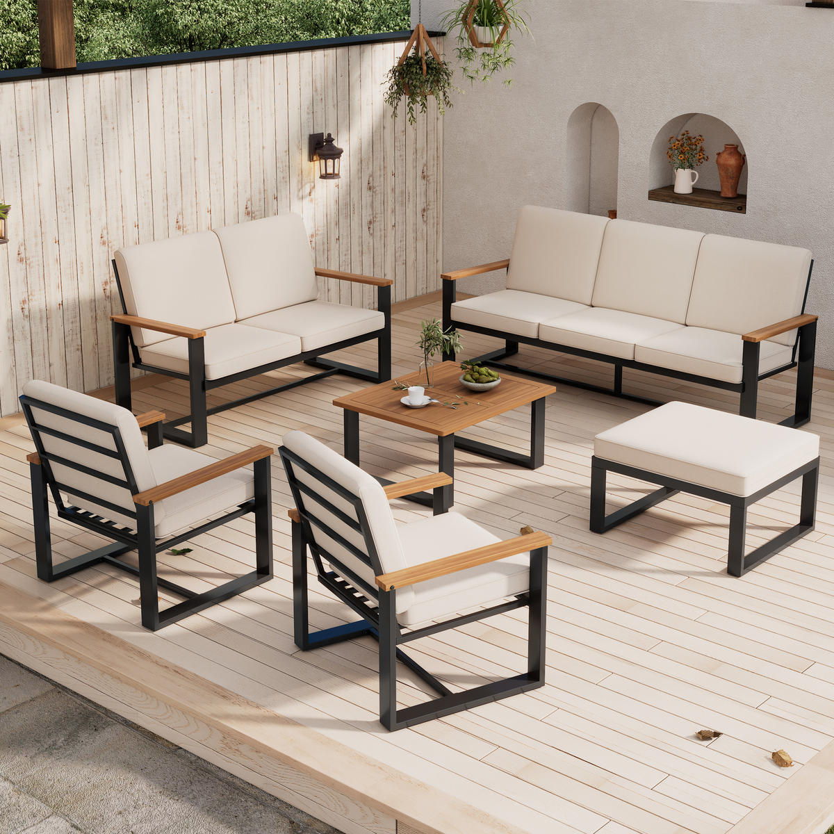 GARTENMÖBEL-SET Sofa Sessel Tisch Akazie Stahl Beige - Beige, Textil - FLIEKS