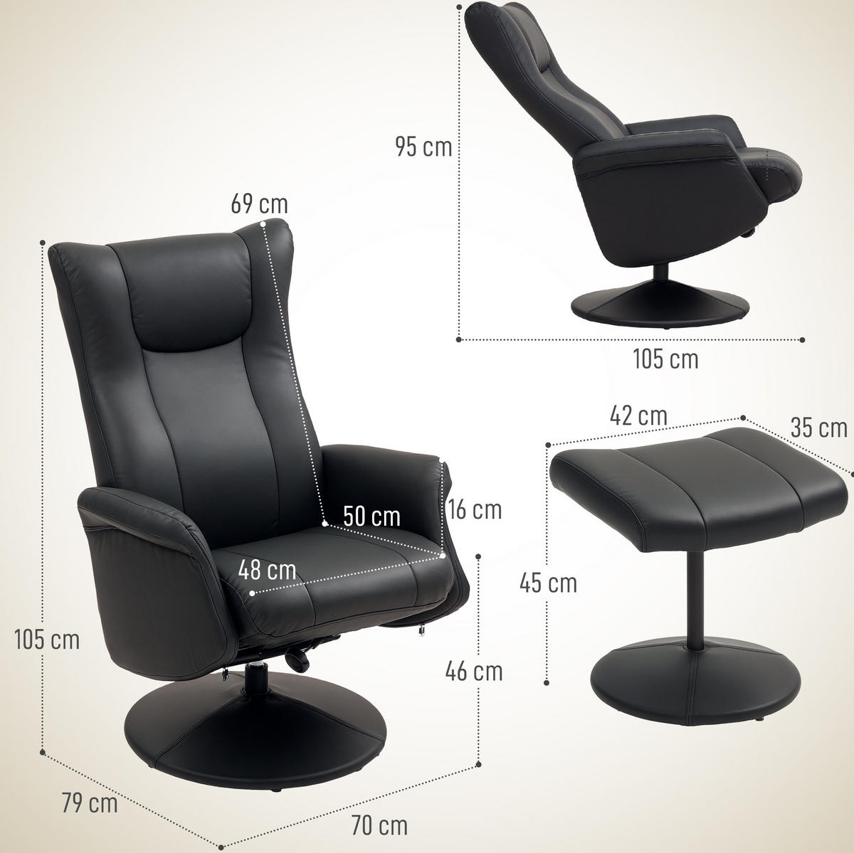 RELAXSESSEL Kunstleder mit Hocker, 360° Drehfunktion 70/79/105 cm Schwarz - Schwarz, Kunststoff (70/105/79cm) - Redom