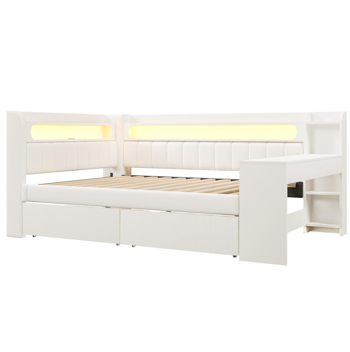 ČALOUNĚNÁ postel z MDF a překližky 140x200 cm bílá s LED osvětlením, USB portem, psacím stolem a 2 zásuvkami - bílá, kompozitní dřevo (140/200cm) - Modfu