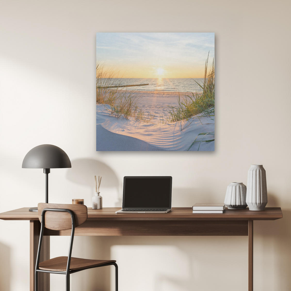 AKUSTIKBILD Strand - Sonne - Düne - Gras - Sand - Horizont Akustikpaneele 80x80 cm - Hellblau, Kunststoff (80/80/0.9cm) - MuchoWow