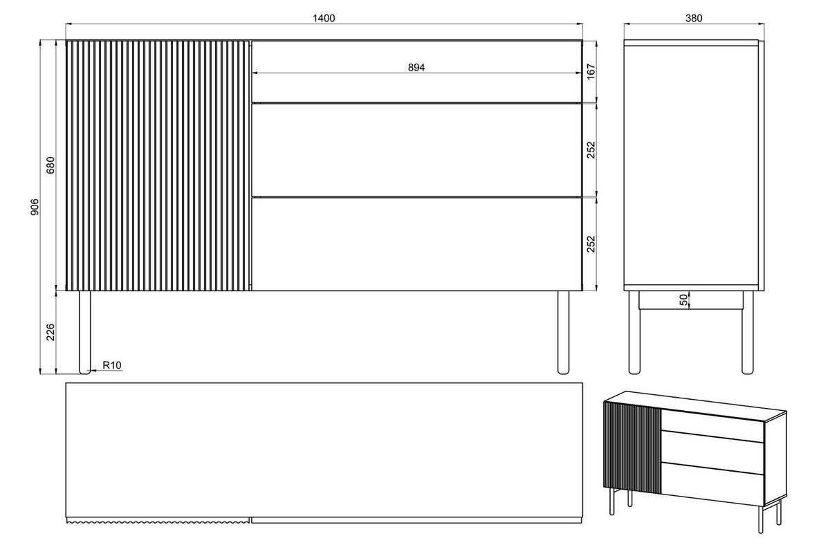 KOMODA Nolie dekor duba s 3 zásuvkami 140 cm - farba duba, drevo/kompozitné drevo (140/90.6/38cm) - Selsey