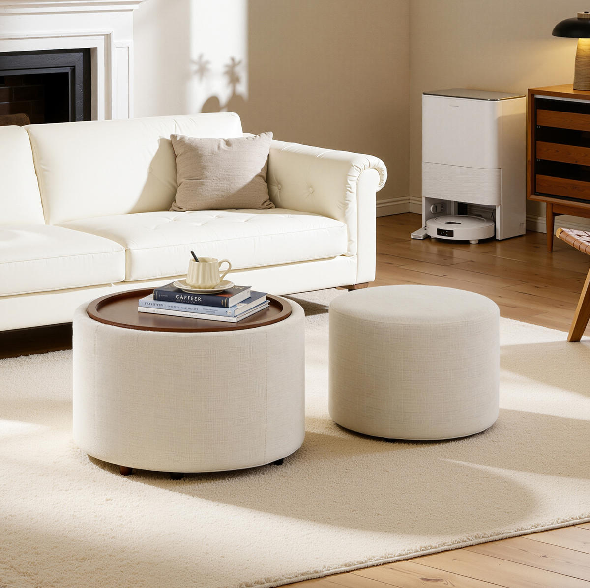 COUCHTISCH 58/58/38 cm mit Stauraum, Holzablage und Nestfunktion aus Leinen, Beige - Beige, Textil (58/58/38cm) - Redom