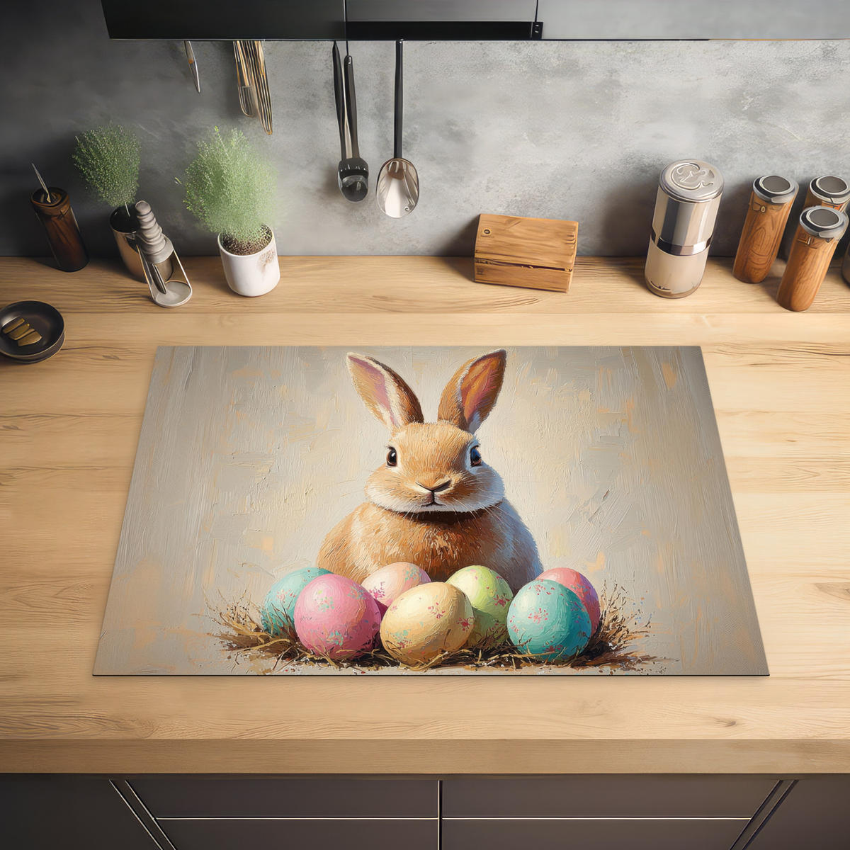 HERDABDECKPLATTE Osterhase - Pastell - Eier Herdabdeckung Induktionsfeld 75x52 cm - Beige, Kunststoff (75/52/0.2cm) - MuchoWow