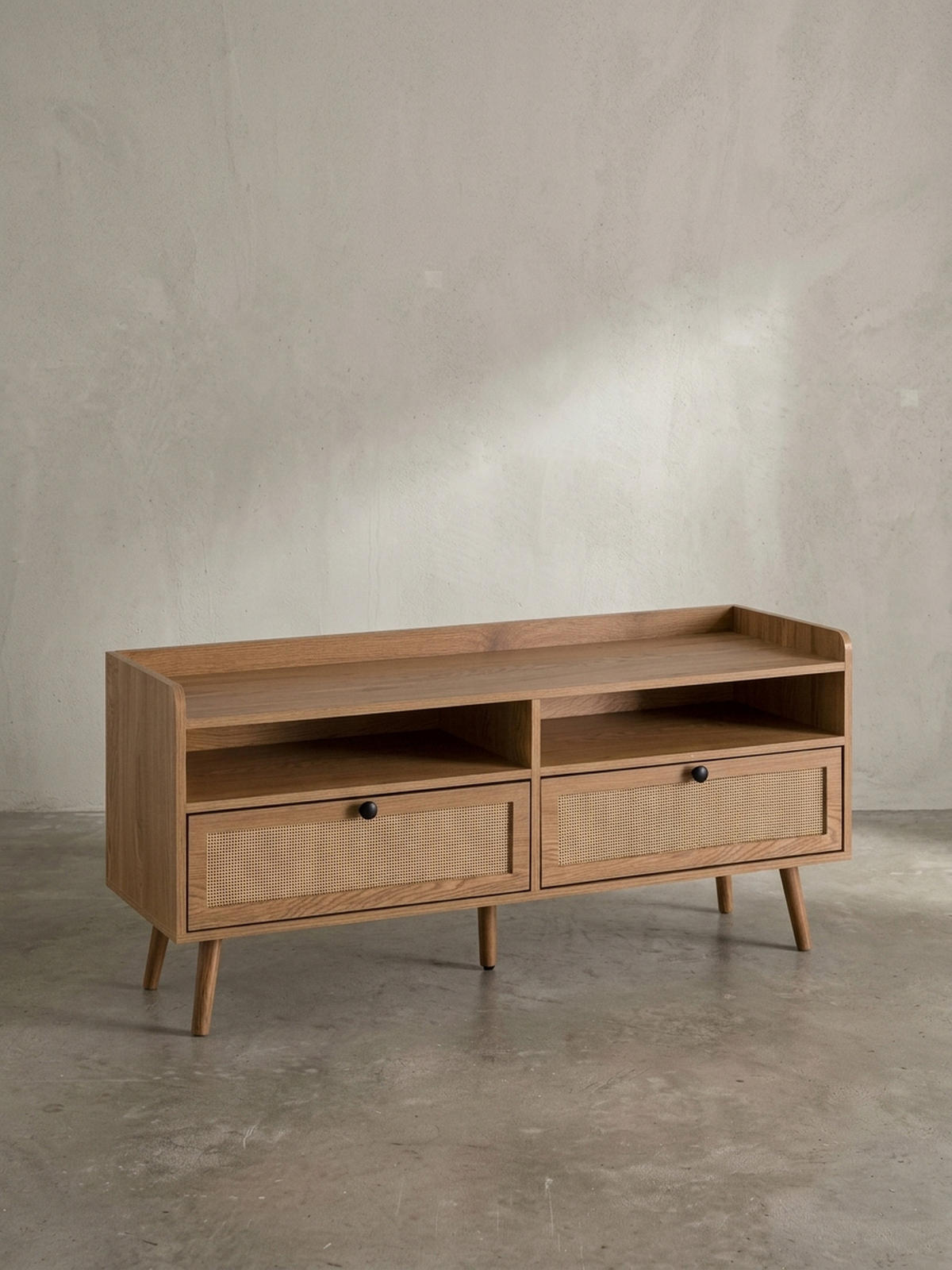 LOWBOARD Eiche-Dekor Rattan Modern Stil 120x56x39 cm mit Schubladen - Eichefarben/Braun, Holz (120/56/39cm) - KADIMA DESIGN