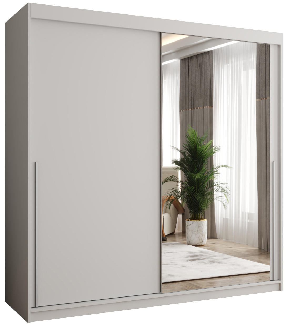 SCHIEBETÜRENSCHRANK mit Spiegel 200 cm Breite Weiß mit silbernem Griff - Silberfarben/Weiß, Holzwerkstoff (250/200/62cm) - Home Collective
