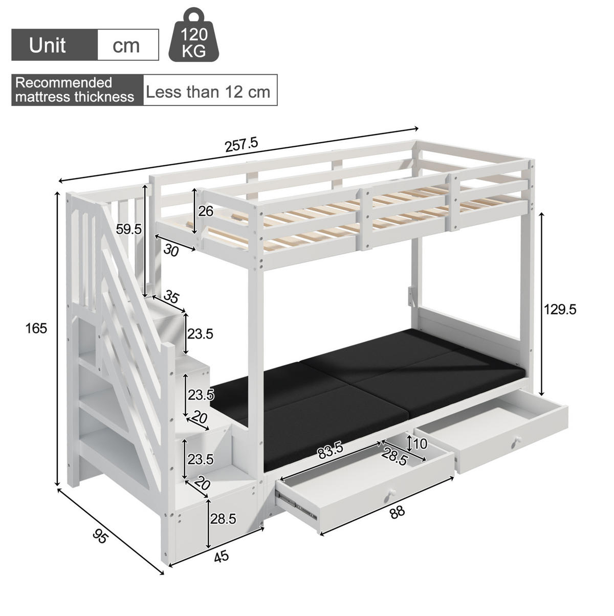 ETAGENBETT 90/200 cm mit Sofa, Treppenschrank und 2 Schubladen, Weiß - Weiß, Holzwerkstoff (90/200cm) - Redom