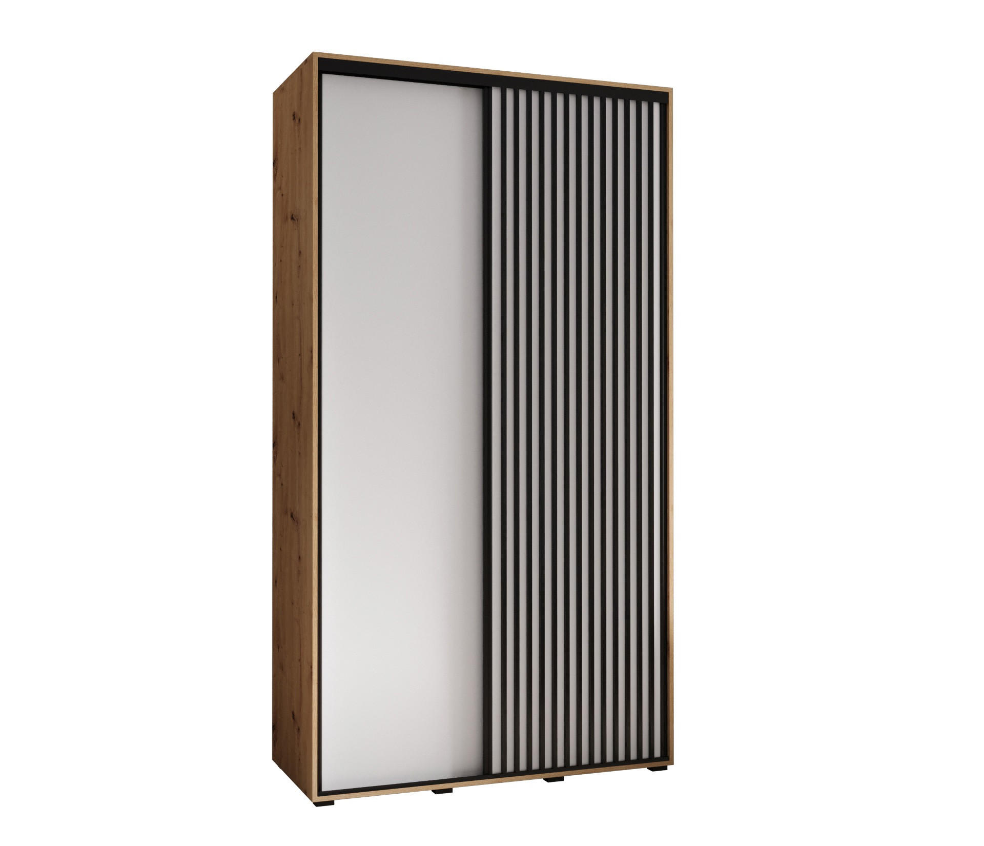 Abiks Möbel Schwebetürenschrank Eiche Artisan, Weiß, Schwarz 130x235x60 cm