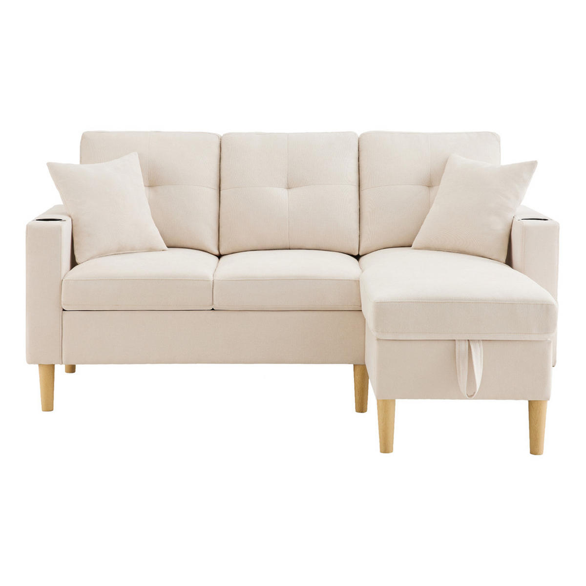 L-SOFA Modell S200 Grau 3-Sitzer mit Stauraum & Chaiselongue - Beige, Holz (129/175cm) - FLIEKS