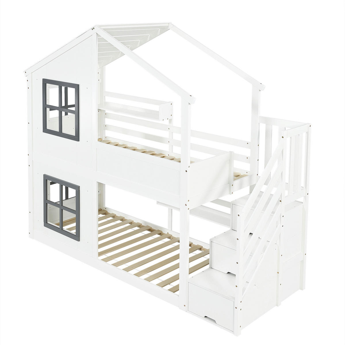 ETAGENBETT 90/200 cm Weiß mit Stauraumtreppe Fenster und Dach - Weiß, Holz (90/200cm) - Oxeza