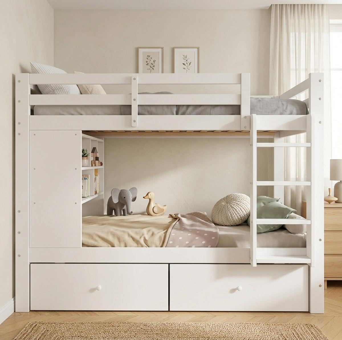 ETAGENBETT aus Holz 90x200 cm Weiß mit 2 Schubladen, offenem Regal, Leiter und Schutzgeländer - Weiß, Holz (90/200cm) - Modfu