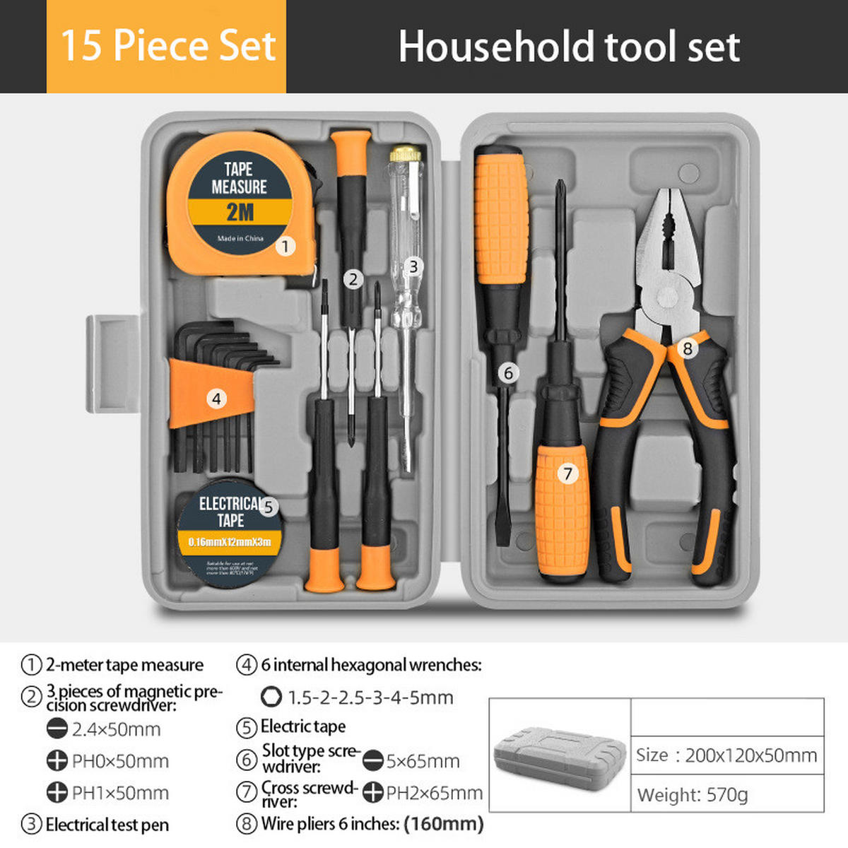 WERKZEUGSATZ 15-tlg. in Gelb Schwarz Haushalts-Werkzeugset mit Koffer aus Stahl - Schwarz, Metall (12/20/5cm) - Livingandhome