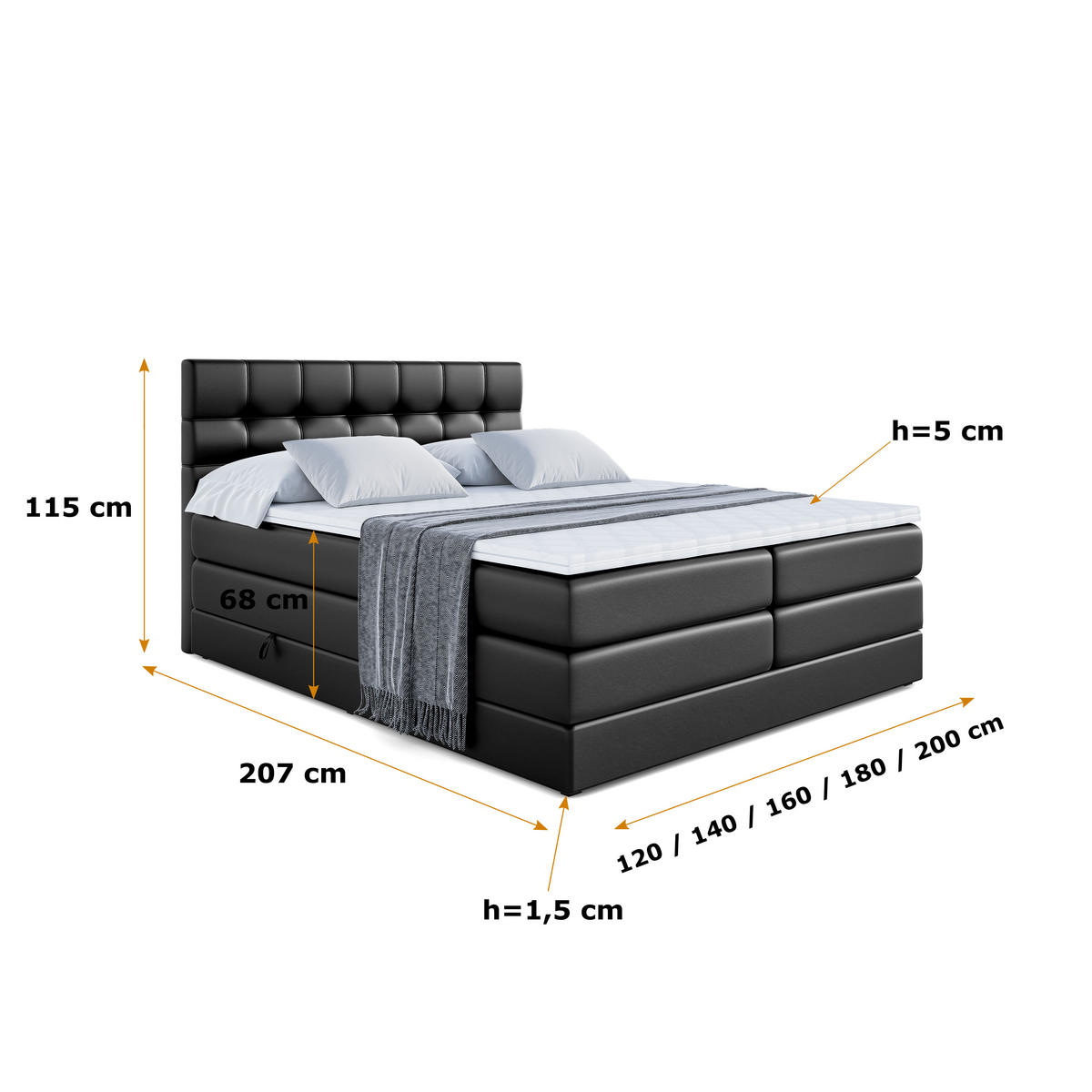 BOXSPRINGBETT BERO KING - 140x200 - H3/H4 - Schwarz Hochglanz - Schwarz Hochglanz, Holzwerkstoff (140/200cm) - ALTDECOR