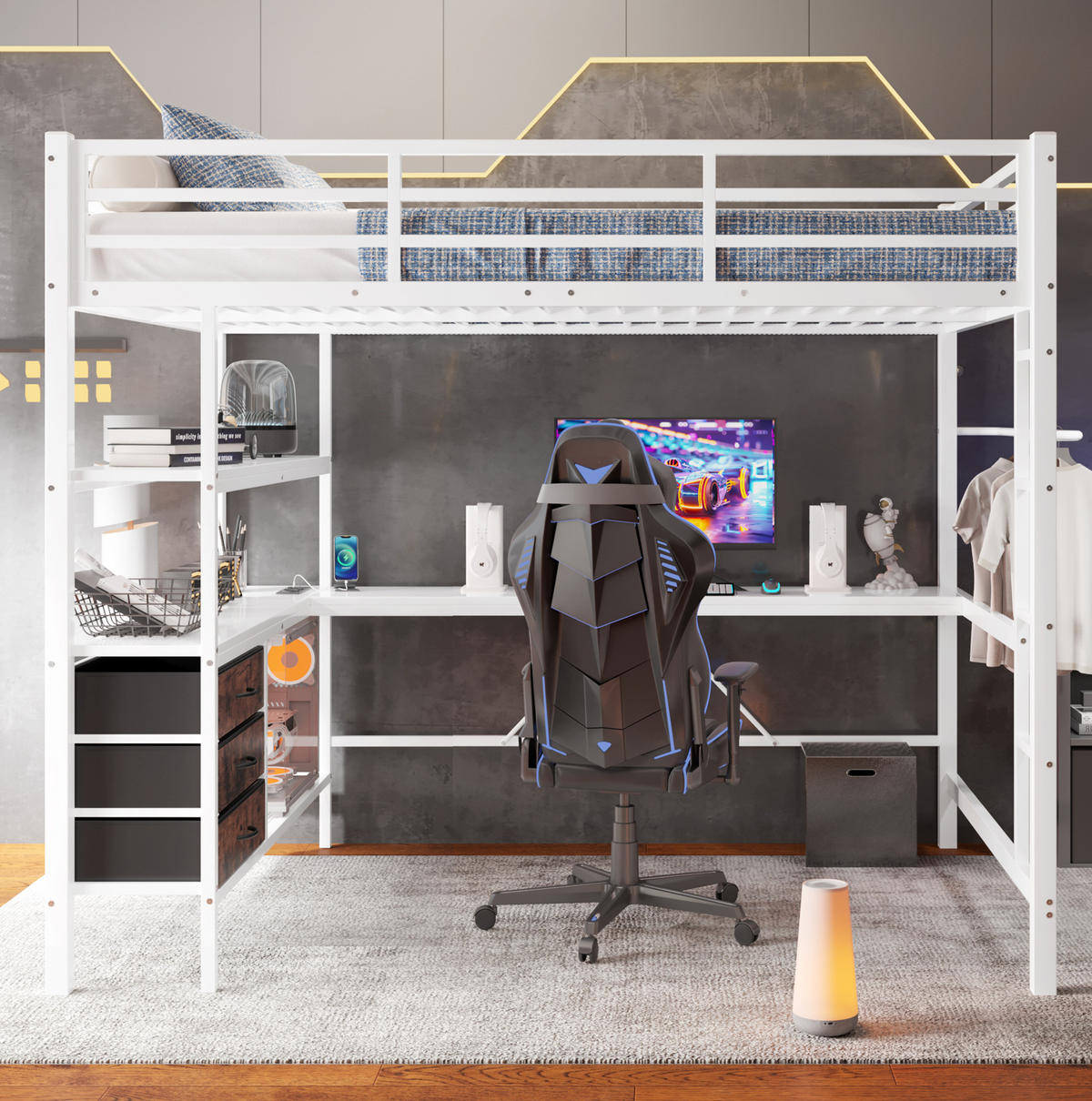 HOCHBETT 140/200 cm in Weiß mit LED-Beleuchtung, Schreibtisch und 3 Schubladen - Weiß, Metall (140/200cm) - Flora Grace