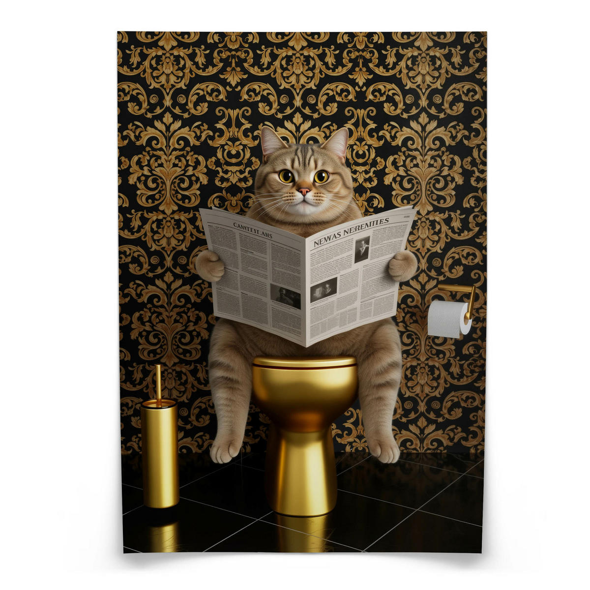 POSTER für Badezimmer WC KATZE auf Toilette mit Zeitung Glamour Abstraktion 20x30cm - Gelb/Beige, Papier (20/30/30cm) - Muralo