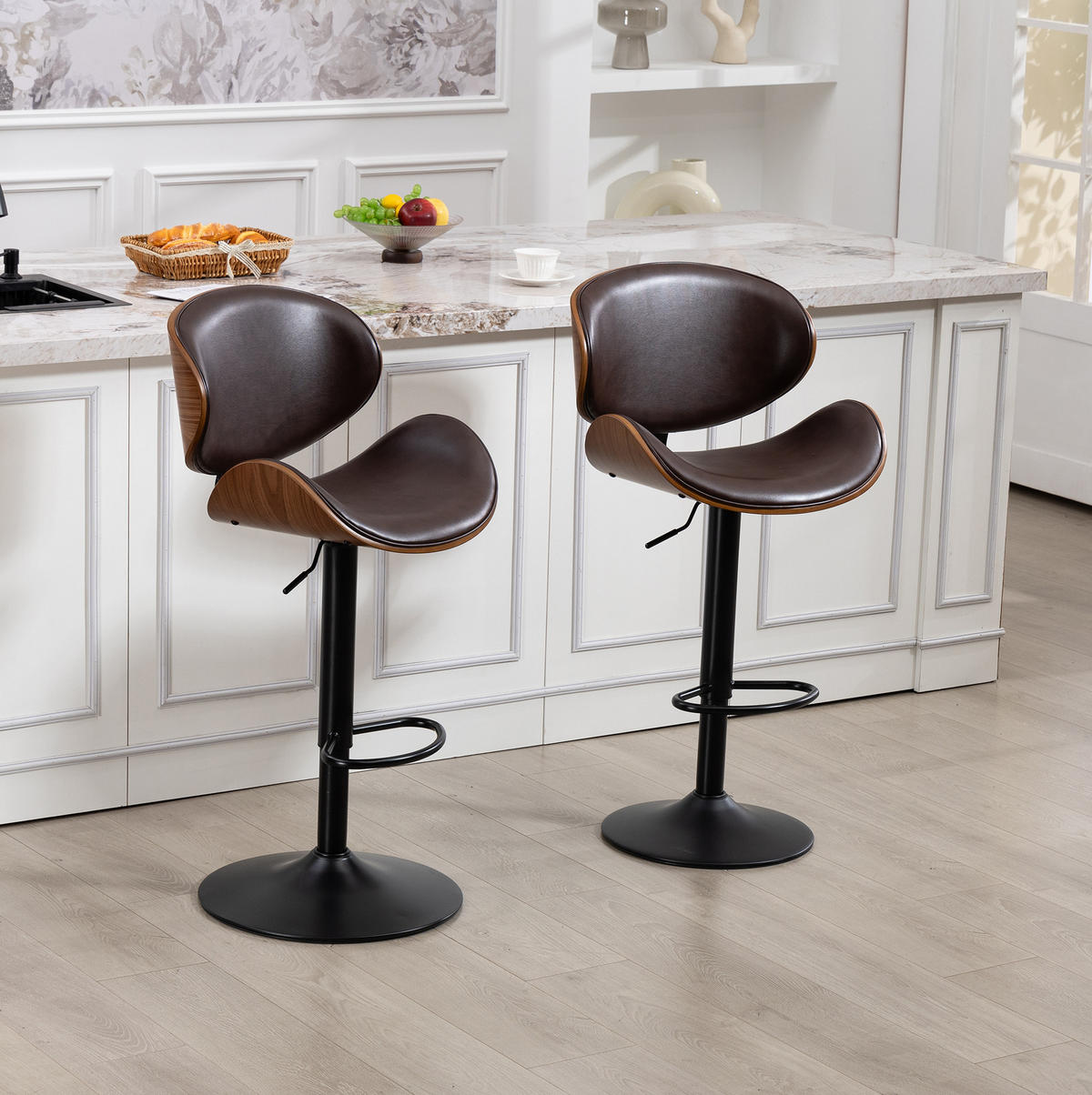 BARHOCKER drehbar höhenverstellbar 2er-Set PU-Leder Braun - Braun, Metall (50/93/51cm) - Meubliv