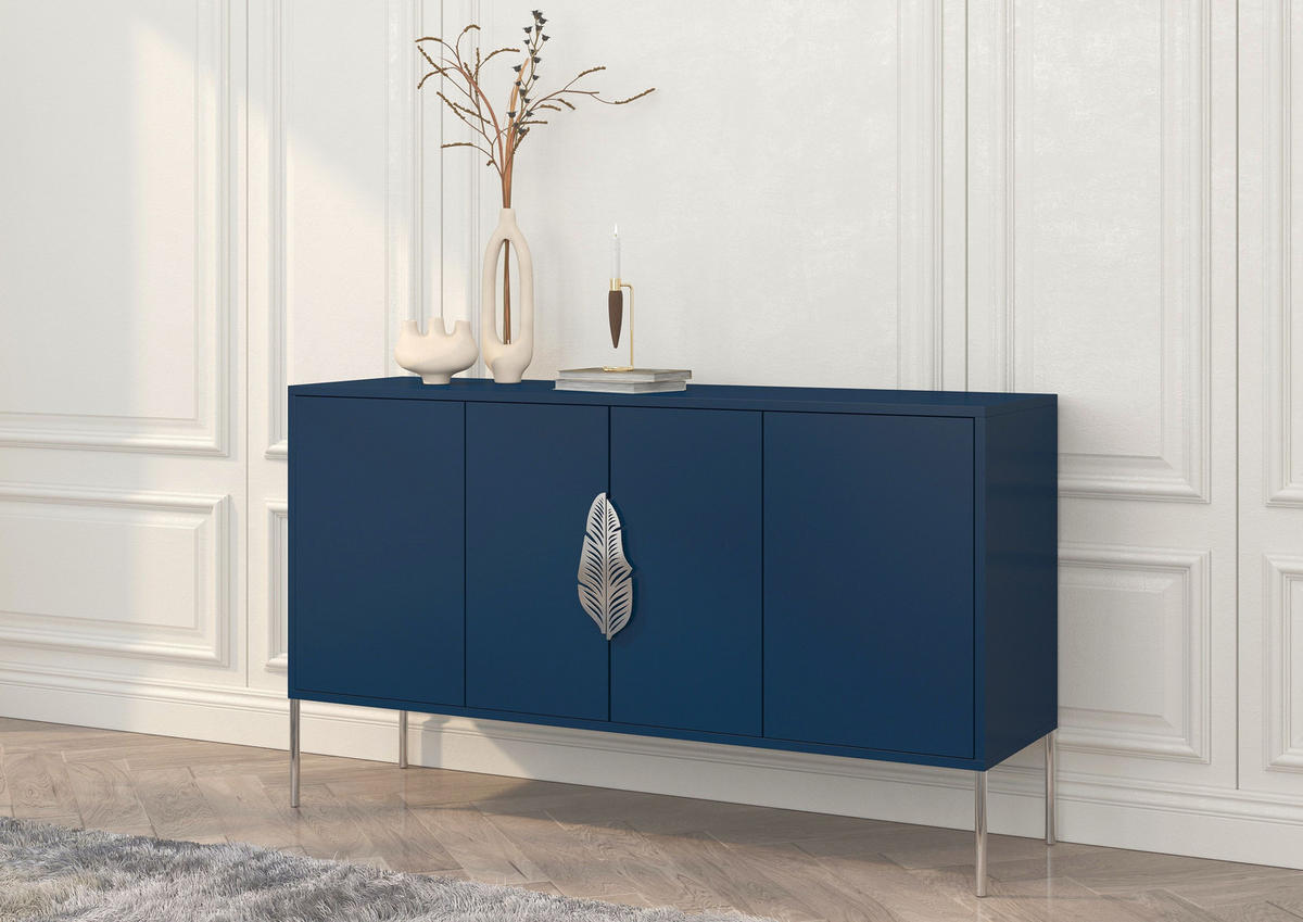 SIDEBOARD Merlin, Marinblau, Silberfarbene Details - Silberfarben/Dunkelblau, Holzwerkstoff/Metall (138/79/40cm) - Skandica