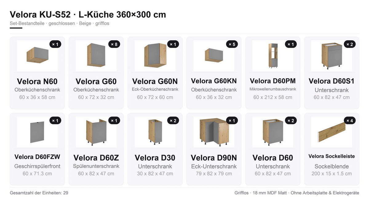 WINKELKÜCHE 360 x 300 cm VELORA – KU-S52 – Beige - Beige, Holzwerkstoff (360/248/300cm) - hi-markt