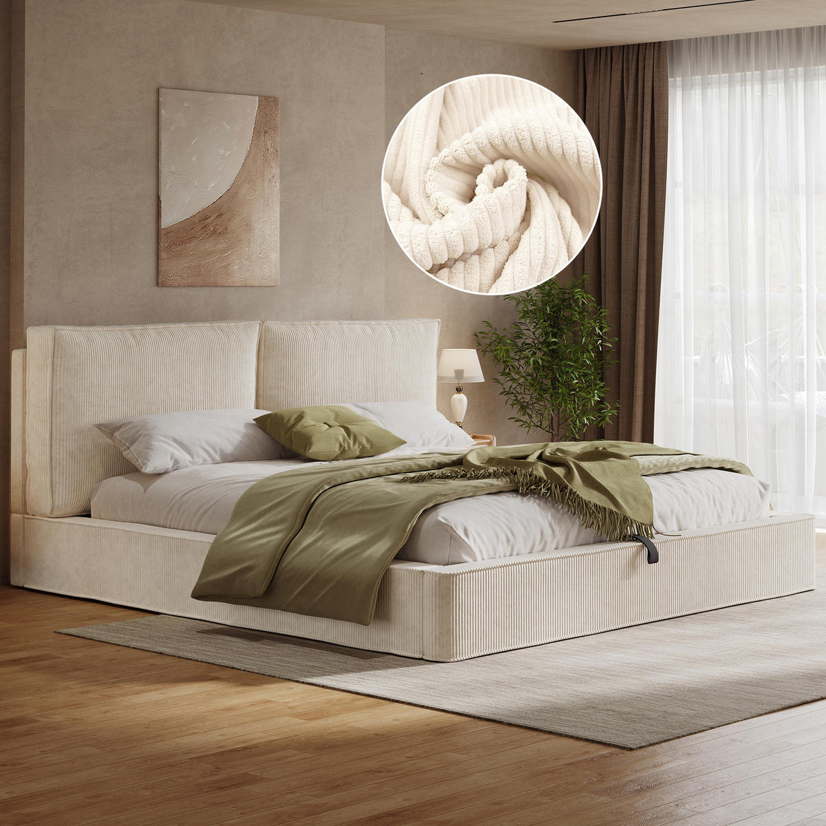 POLSTERBETT 180/200 cm in Beige mit Bettkasten und Lattenrost Cord Blockdesign - Beige, Holzwerkstoff/Textil (180/200cm) - STILVORA