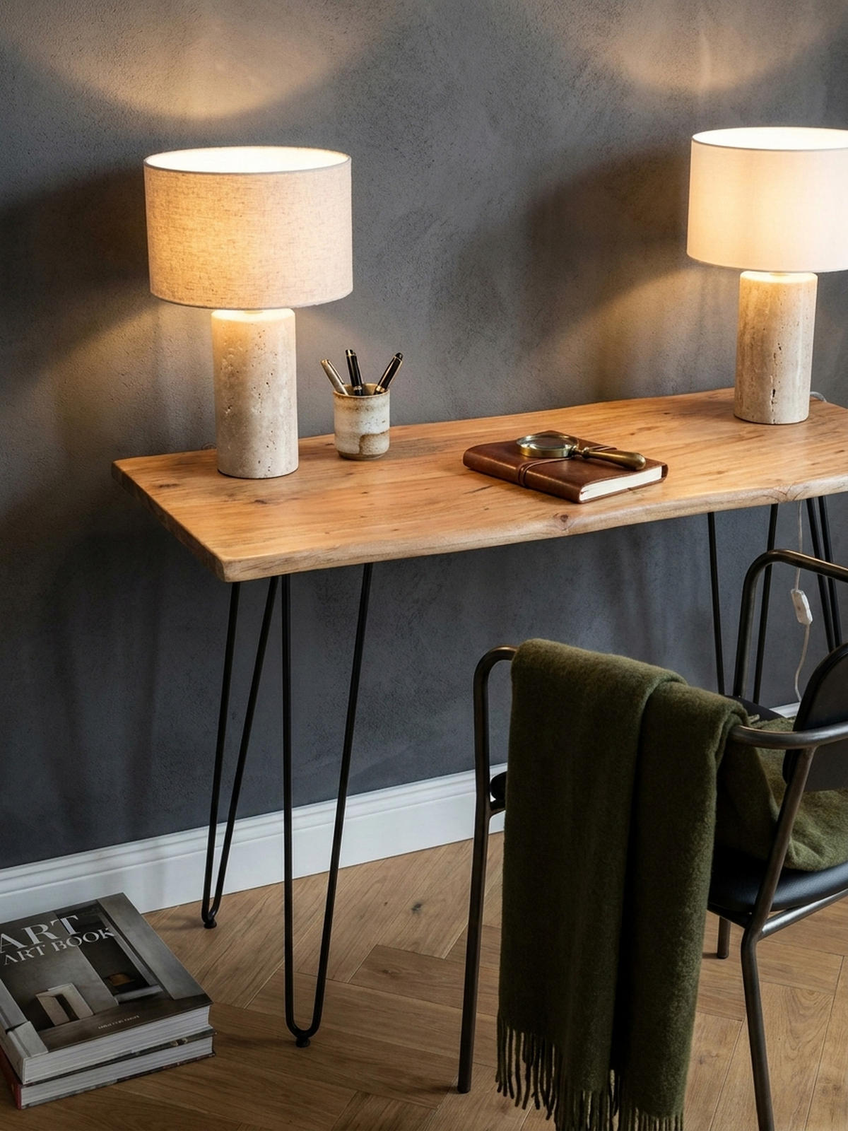 SCHREIBTISCH – Massivholz/Metall, 150x36x75 cm, Baumkante, Haarnadelbeine - Schwarz/Akaziefarben, Holz/Metall (36/150/75cm) - KADIMA DESIGN