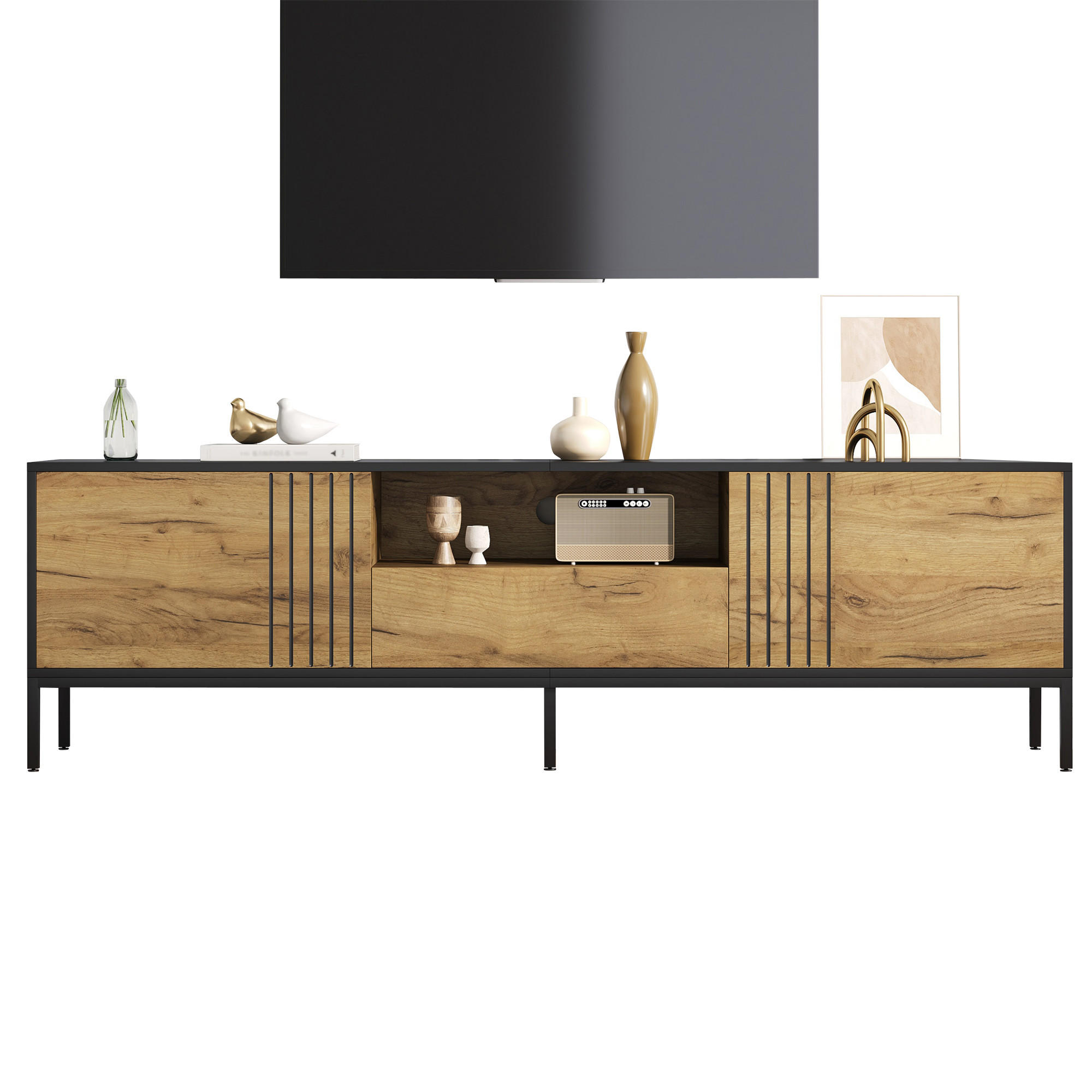 LOWBOARD in Naturfarben mit 2 Schränken & Schublade , für TVs bis 70 Zoll, B170/T35/H50cm - Schwarz/Naturfarben, Holzwerkstoff/Metall (170/50/35cm) - STILVORA