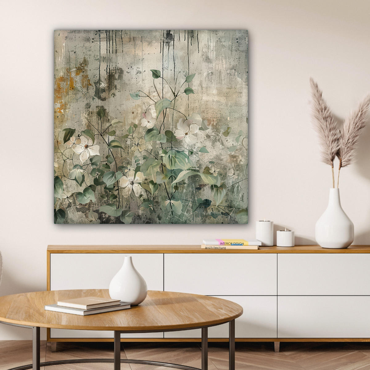 LEINWANDBILD - Blumen - Blätter - Abstrakt - Modern - 90x90 - Gemälde - Grau, Textil (90/90cm) - MuchoWow