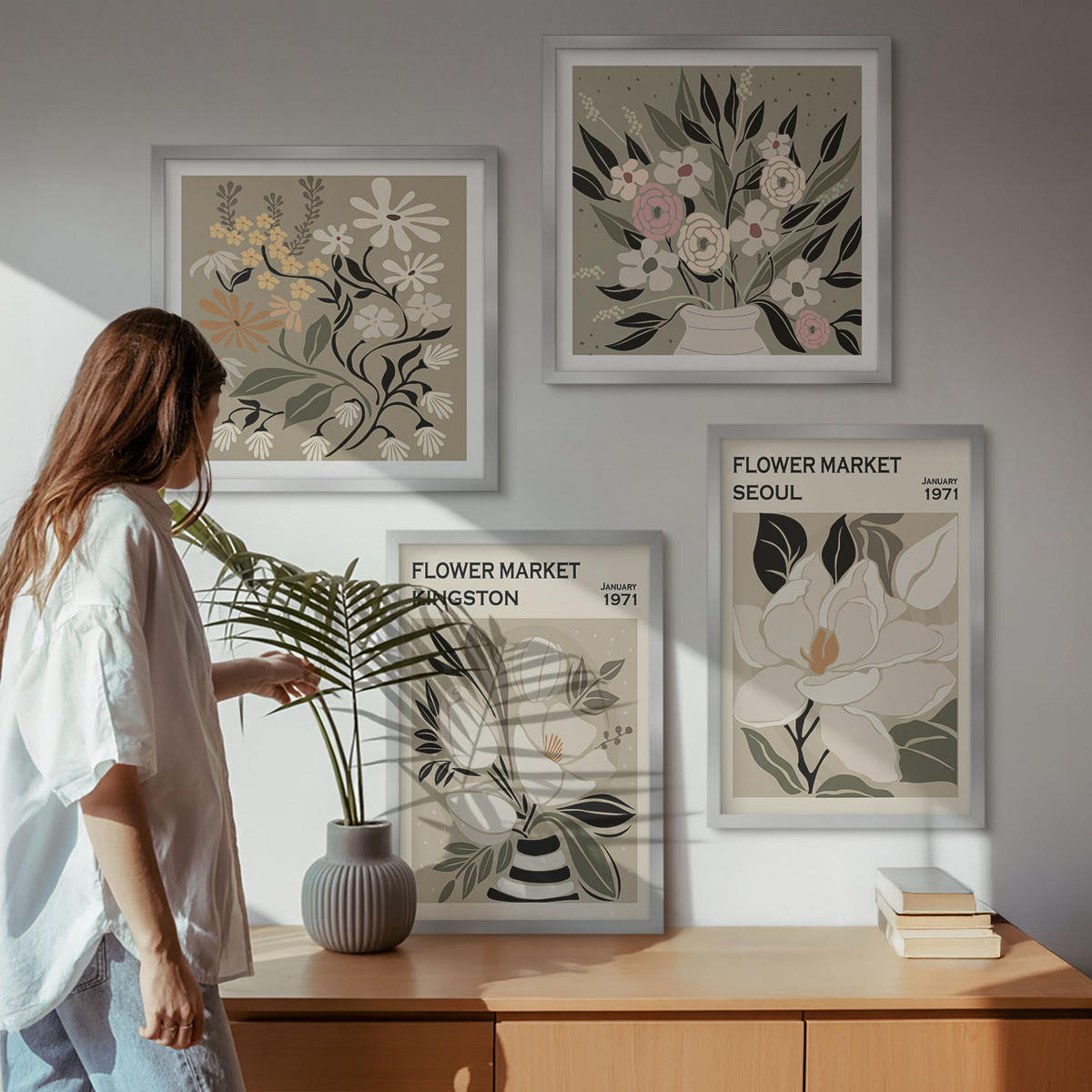 BILDER SET 4er Set - 50x50 cm & 40x60 cm Silberner Rahmen - Retro-Blumen aus Städten rund um die Welt - Silberfarben, Kunststoff (50/50cm) - TULUP