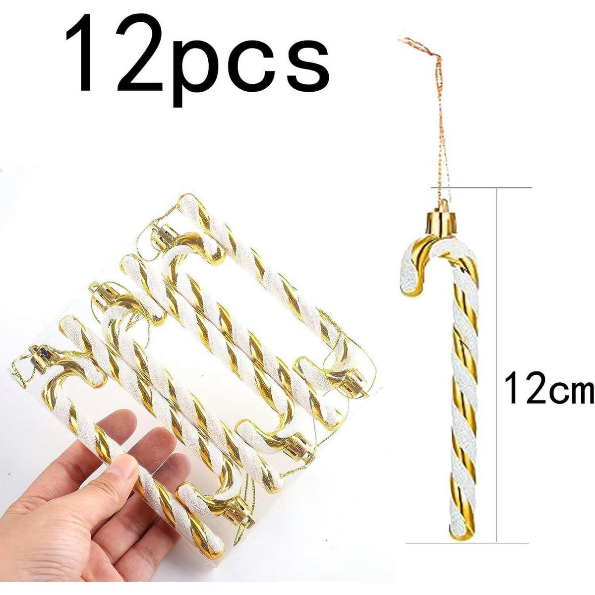 WEIHNACHTSBAUMSCHMUCK 12-teiliges Set Zuckerstangen-Anhänger Weiß-Gold - Multicolor, Kunststoff (3/1/10cm)