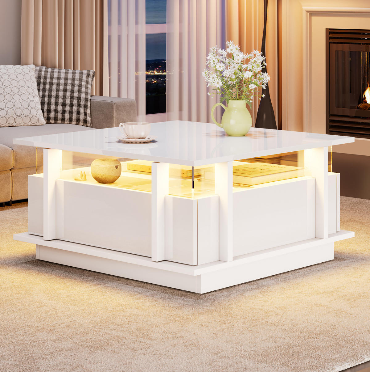 COUCHTISCH aus Spanplatte 70x70x35 cm in Weiß mit LED & 2 Schubladen - Weiß, Holzwerkstoff (70/70/35cm) - Modfu