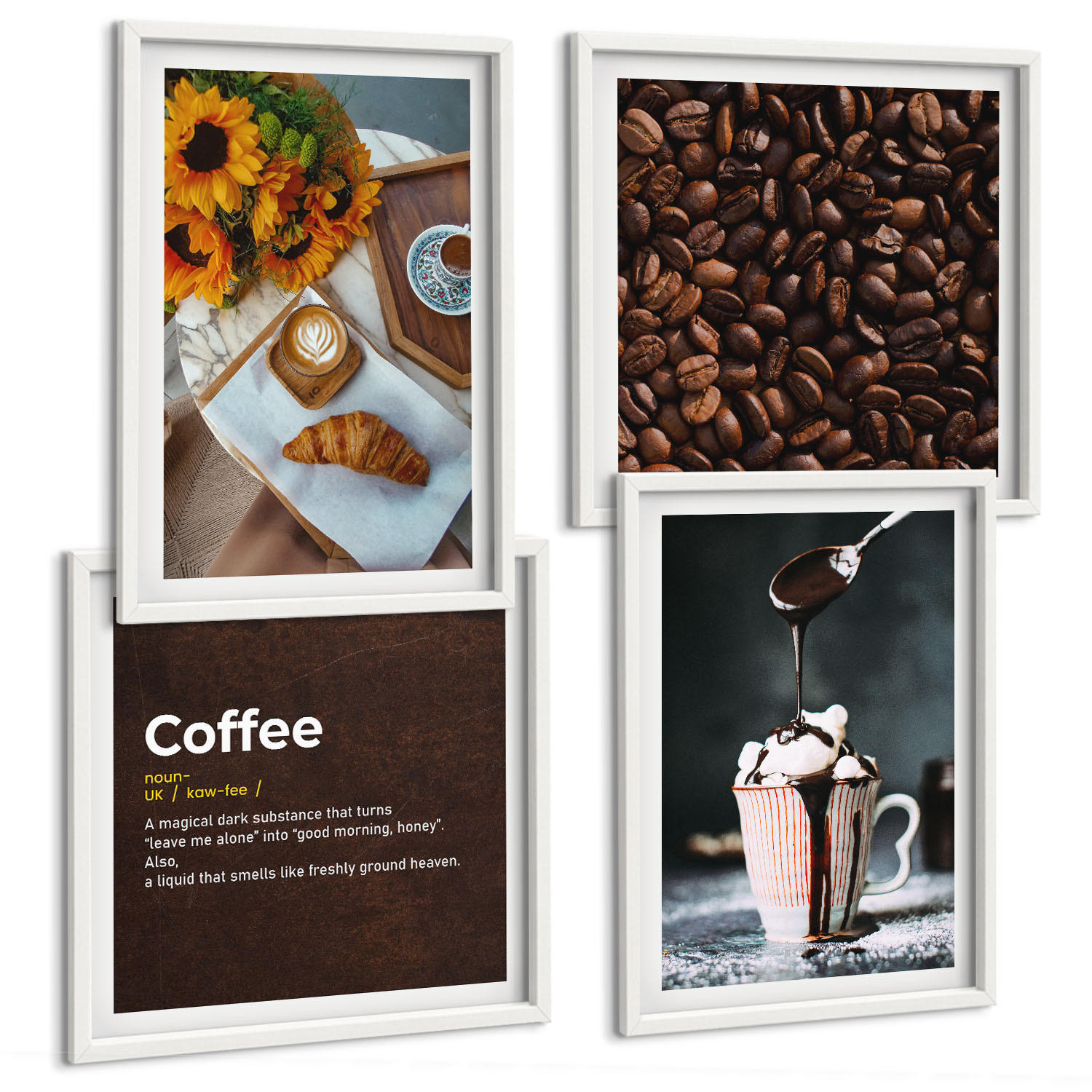BILDER SET 4er Set - 50x50 cm & 40x60 cm Weißer Rahmen - Italienische Frühstückskaffeebohnen - Weiß, Kunststoff (50/50cm) - TULUP